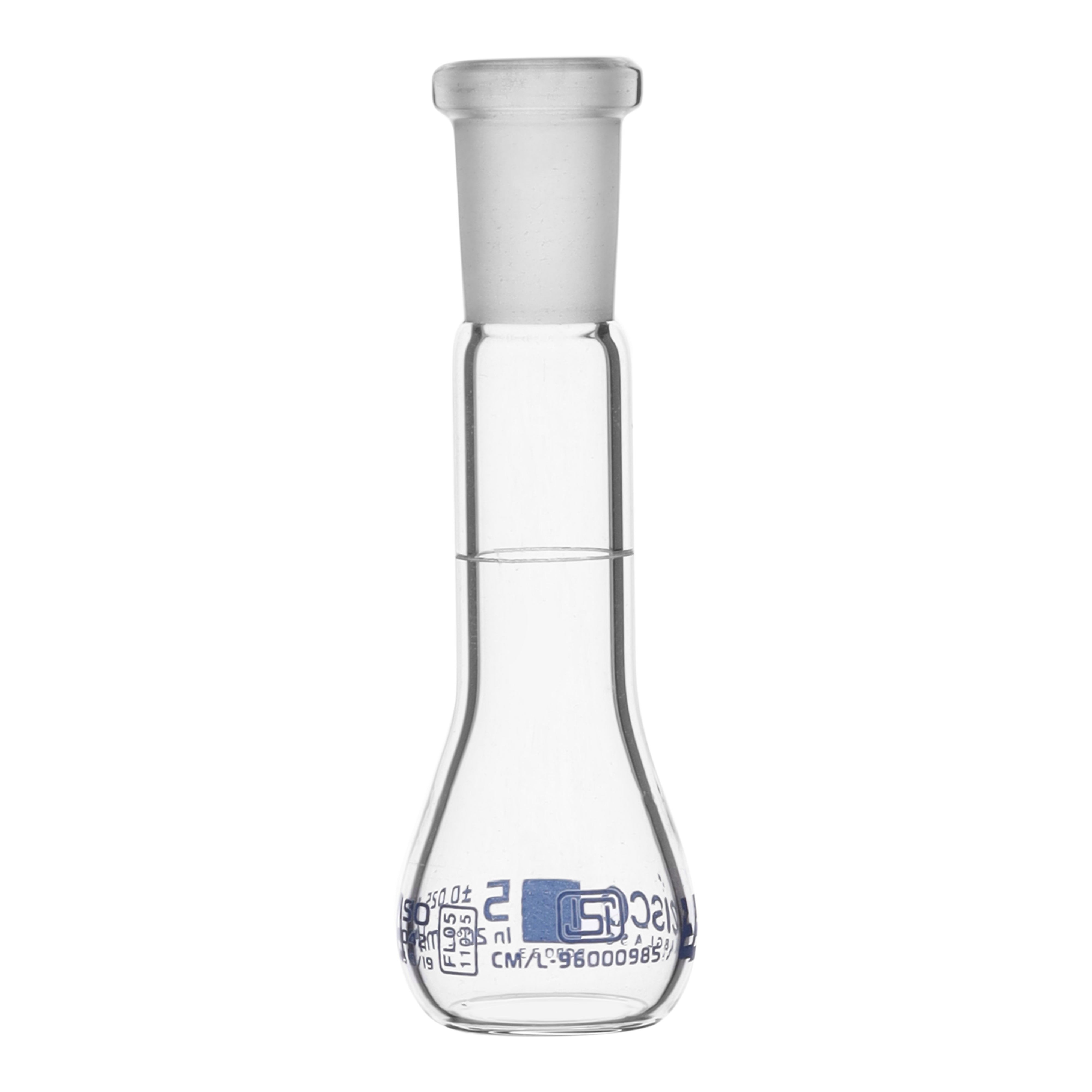 Flask Volumetric class 'A', cap. 5ml, socket size 10/19, borosilicate glass, Blue Printing ISI