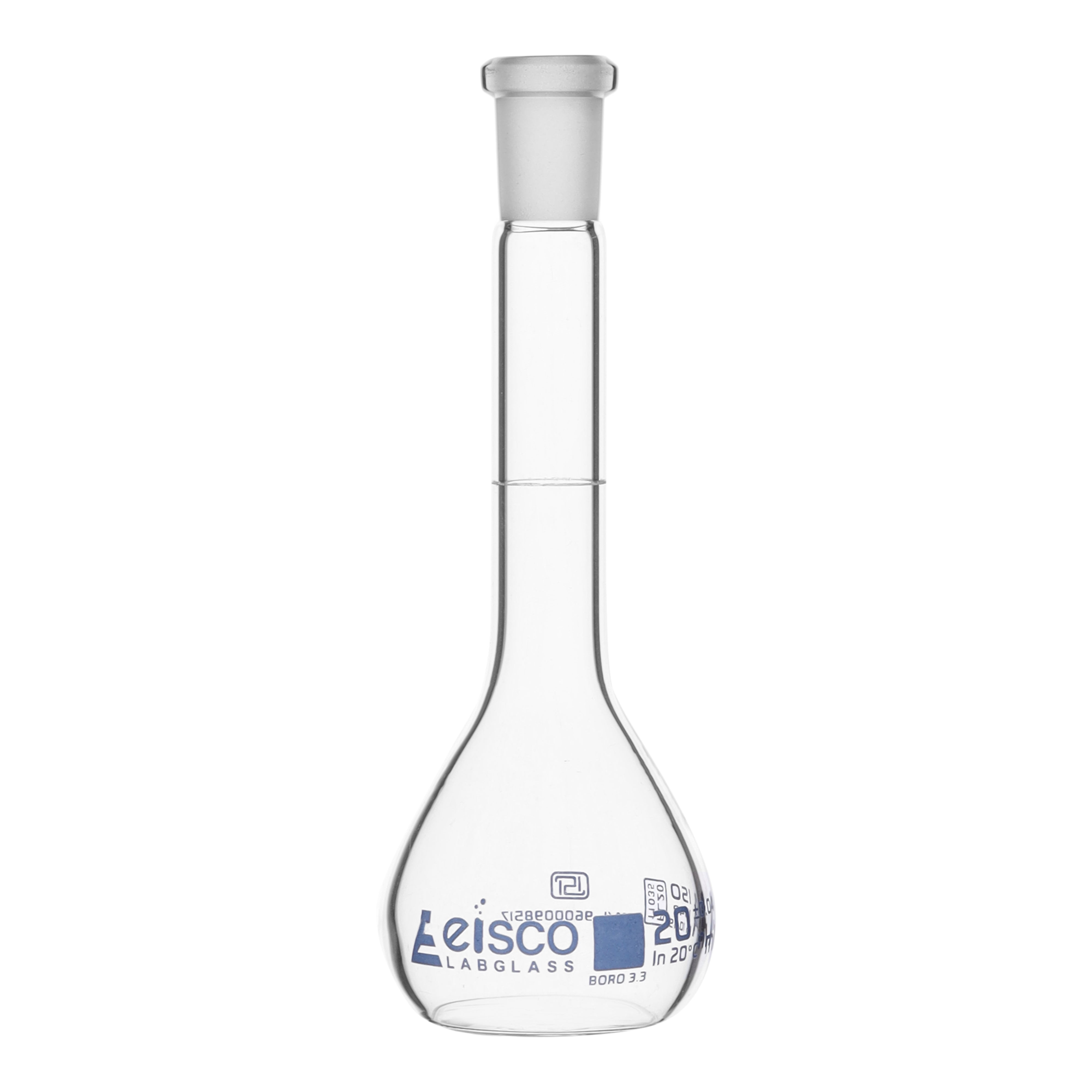 Flask Volumetric class 'A', cap. 10ml, socket size 10/19, borosilicate glass, Blue Printing ISI