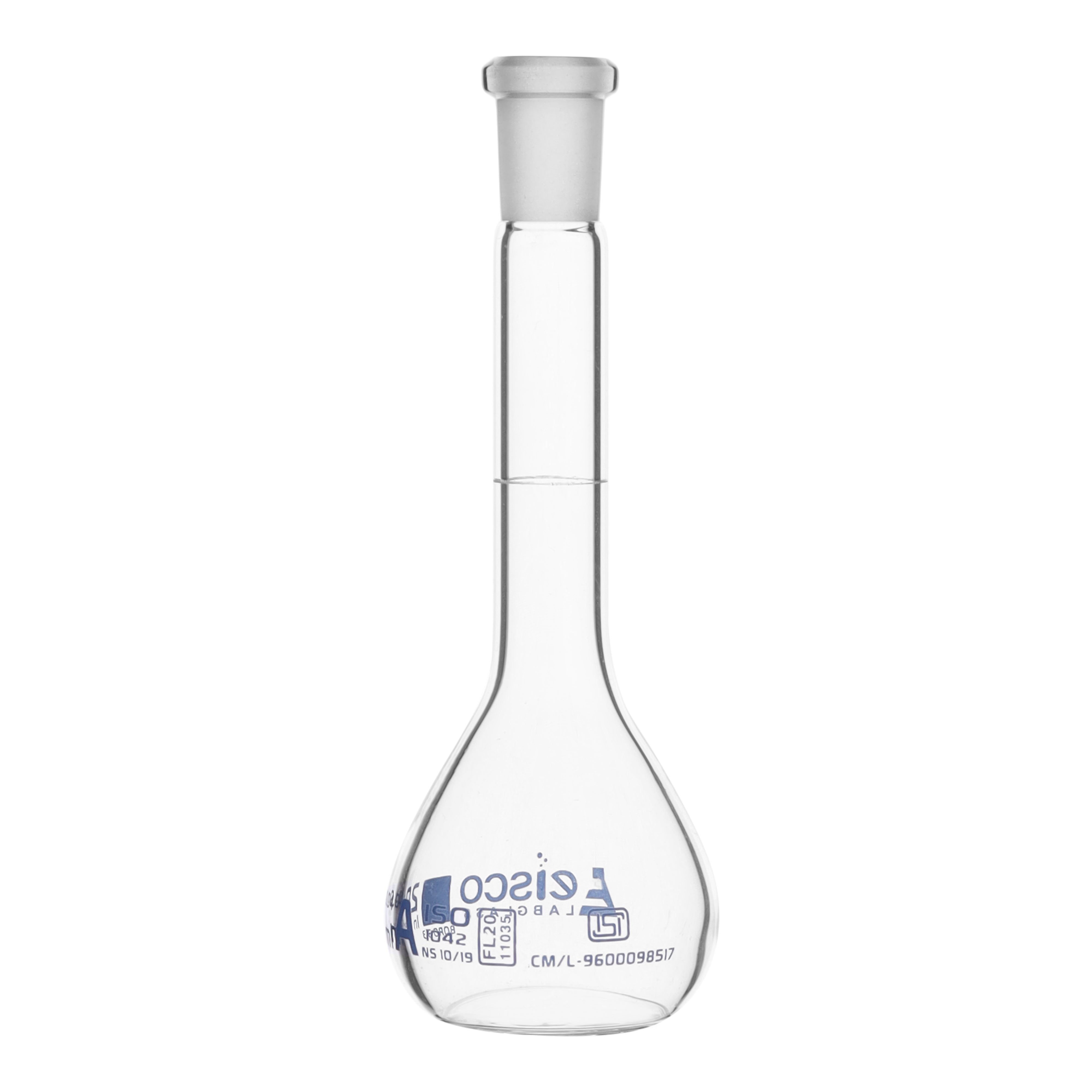 Flask Volumetric class 'A', cap. 10ml, socket size 10/19, borosilicate glass, Blue Printing ISI