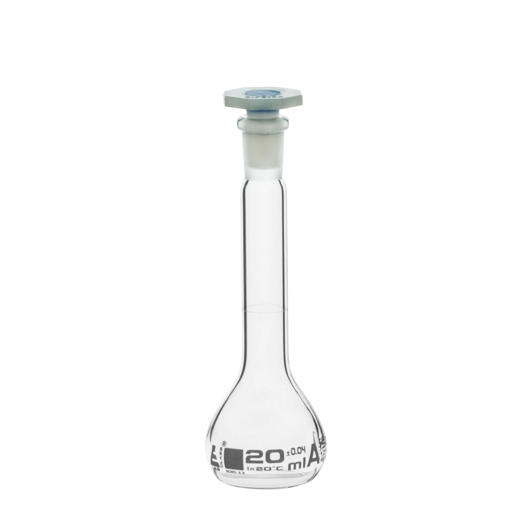 Flask Volumetric class 'A', cap. 20ml, socket size 10/19, borosilicate glass, White Printing - eiscoindustrial