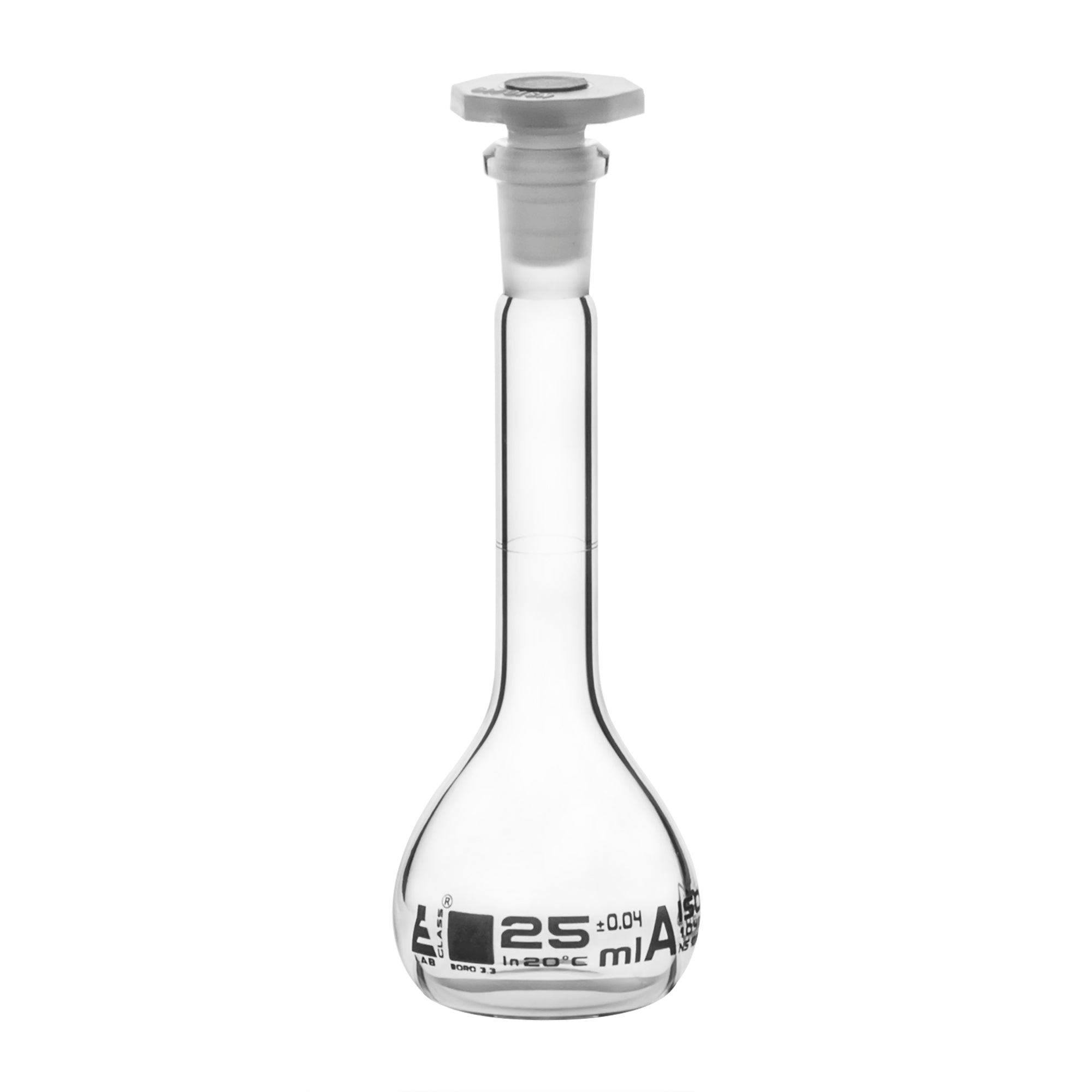 Flask Volumetric class 'A', cap. 25ml, socket size 10/19, borosilicate glass, White Printing - eiscoindustrial