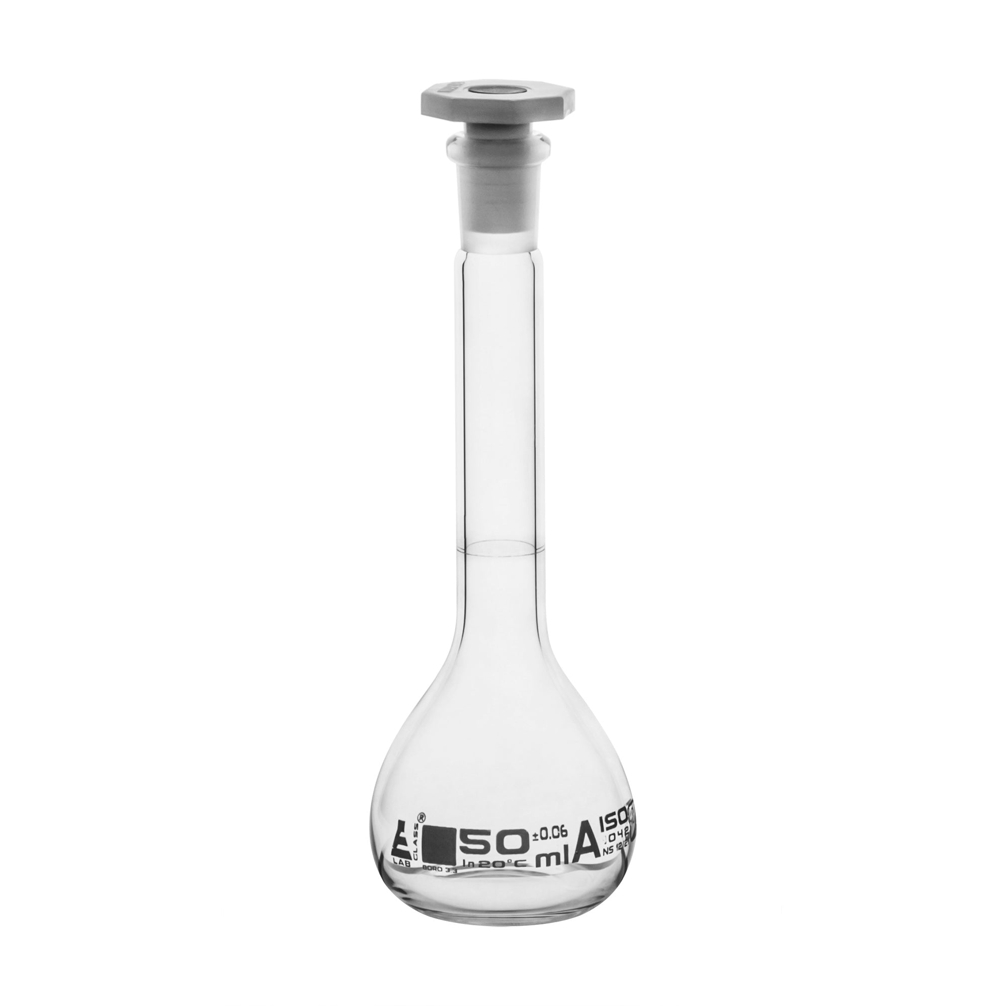 Flask Volumetric class 'A', cap. 50ml, socket size 12/21, borosilicate glass, White Printing - eiscoindustrial