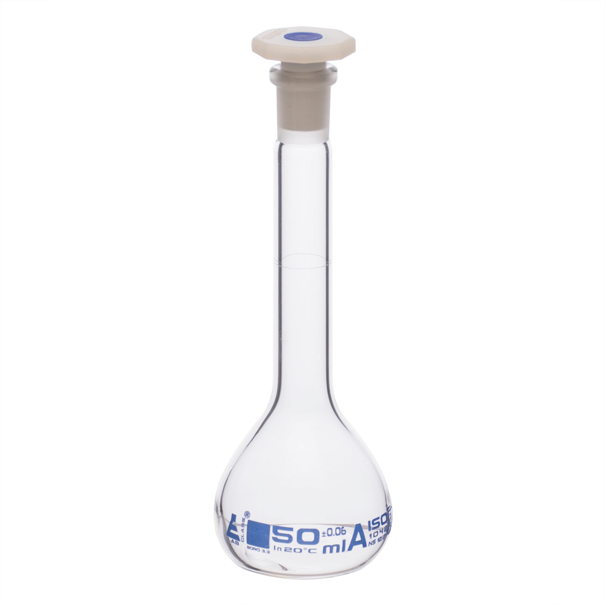 Flask Volumetric class 'A', cap. 50ml, socket size 12/21, borosilicate glass, Blue Printing - eiscoindustrial