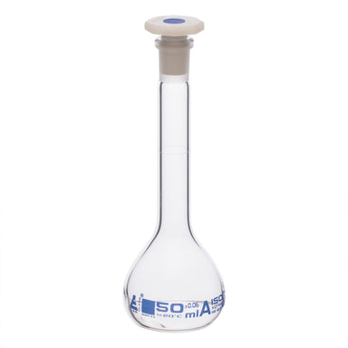 Flask Volumetric class 'A', cap. 50ml, socket size 12/21, borosilicate glass, Blue Printing - eiscoindustrial