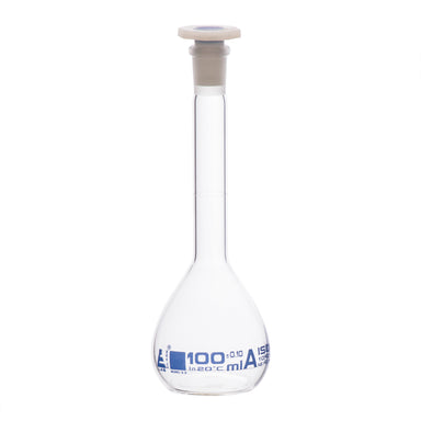 Flask Volumetric class 'A', cap. 100ml, socket size 14/23, borosilicate glass, Blue Printing - eiscoindustrial