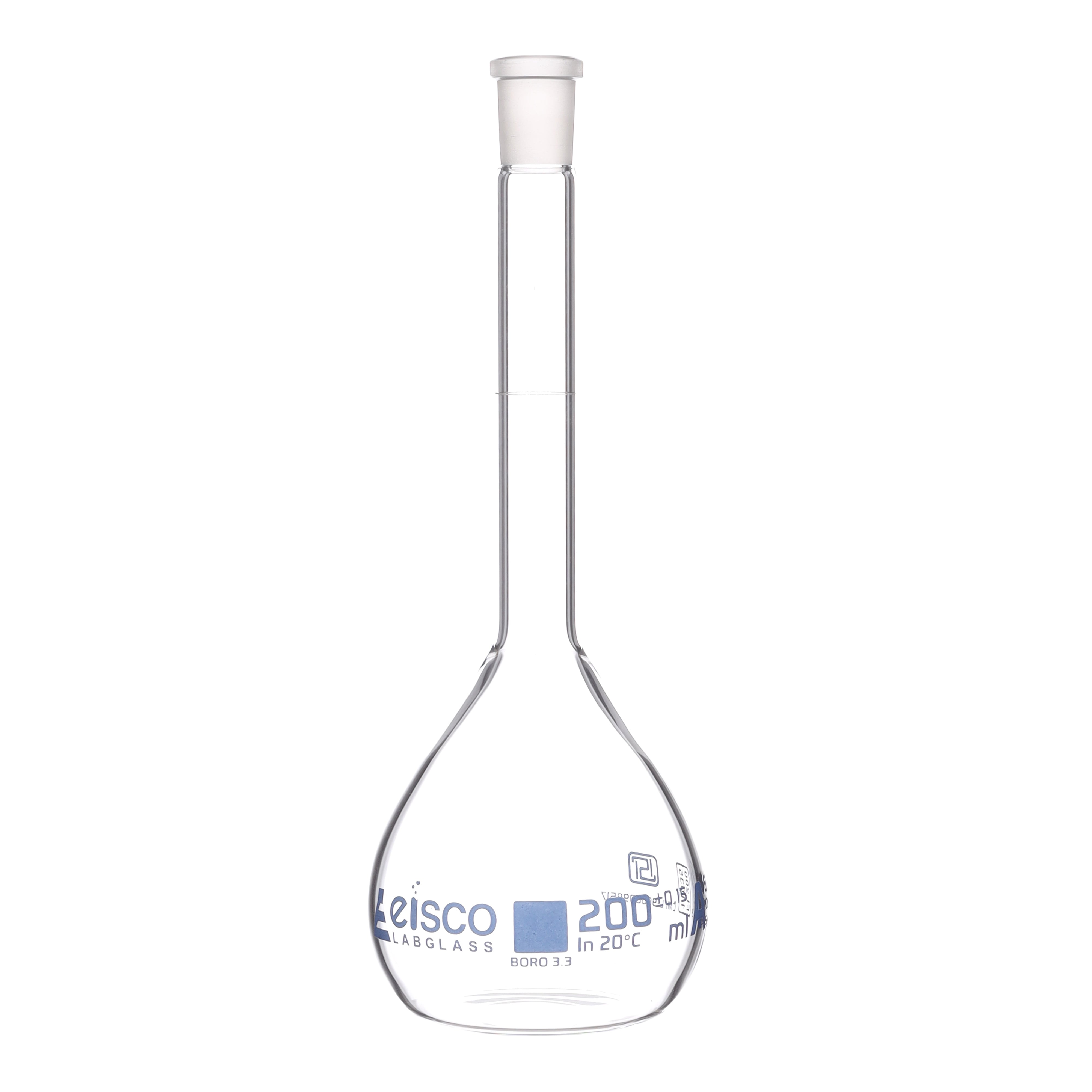 Flask Volumetric class 'A', cap. 200ml, socket size 14/23, borosilicate glass, Blue Printing ISI