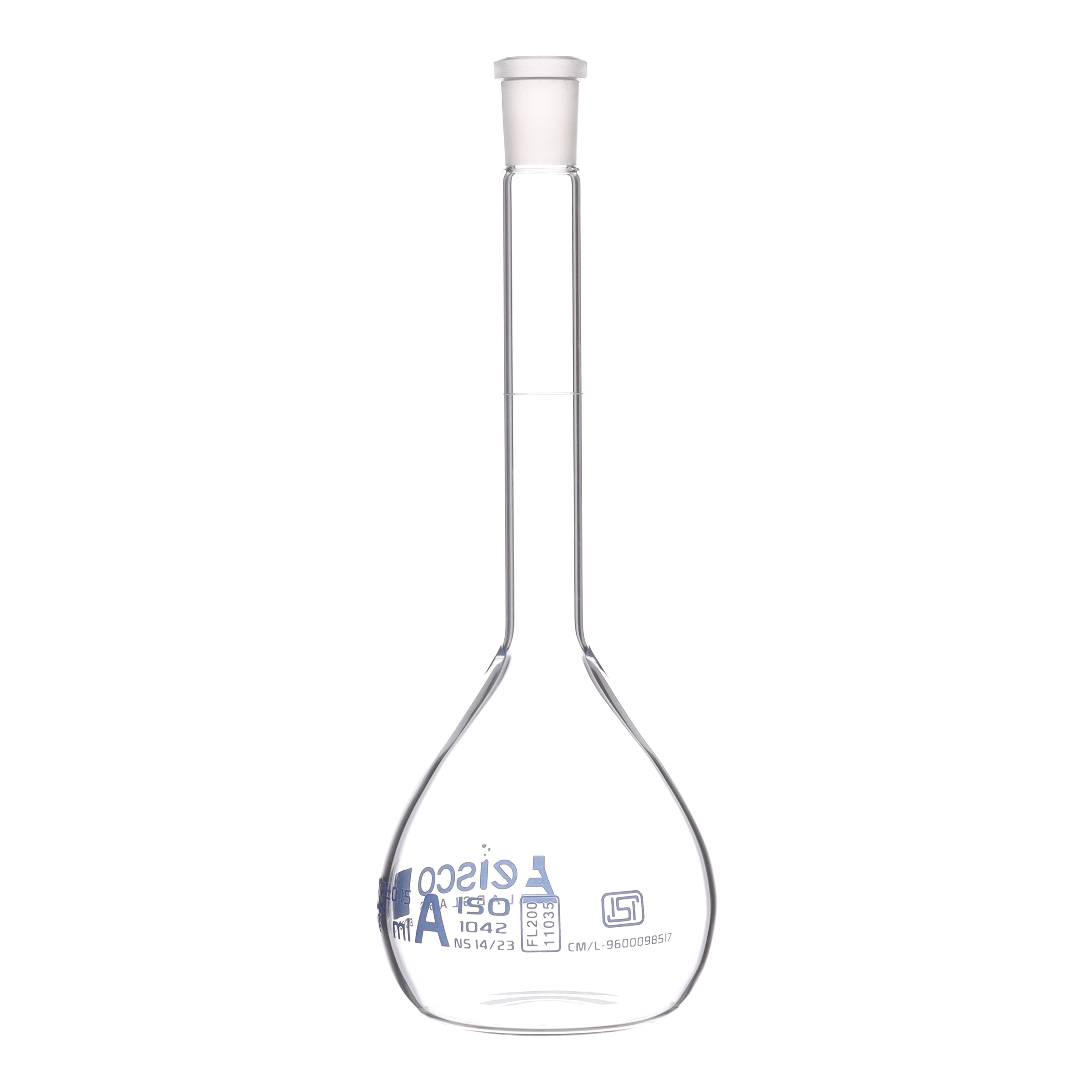 Flask Volumetric class 'A', cap. 200ml, socket size 14/23, borosilicate glass, Blue Printing ISI