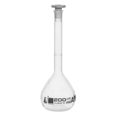 Flask Volumetric class 'A', cap. 200ml, socket size 14/23, borosilicate glass, White Printing - eiscoindustrial