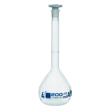 Flask Volumetric class 'A', cap. 200ml, socket size 14/23, borosilicate glass, Blue Printing - eiscoindustrial