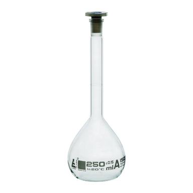 Flask Volumetric class 'A', cap. 250ml, socket size 14/23, borosilicate glass, White Printing - eiscoindustrial