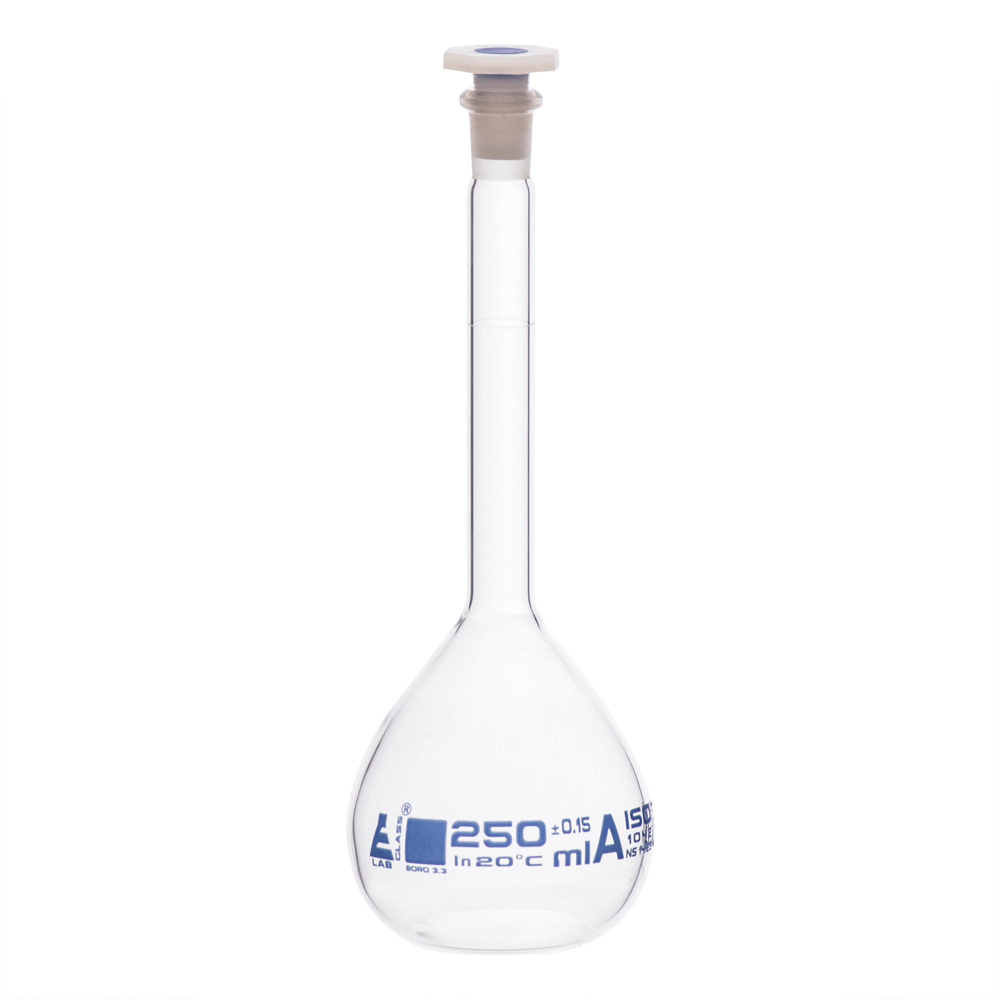 Flask Volumetric class 'A', cap. 250ml, socket size 14/23, borosilicate glass, Blue Printing - eiscoindustrial