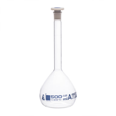 Flask Volumetric class 'A', cap. 500ml, socket size 19/26, borosilicate glass, Blue Printing - eiscoindustrial