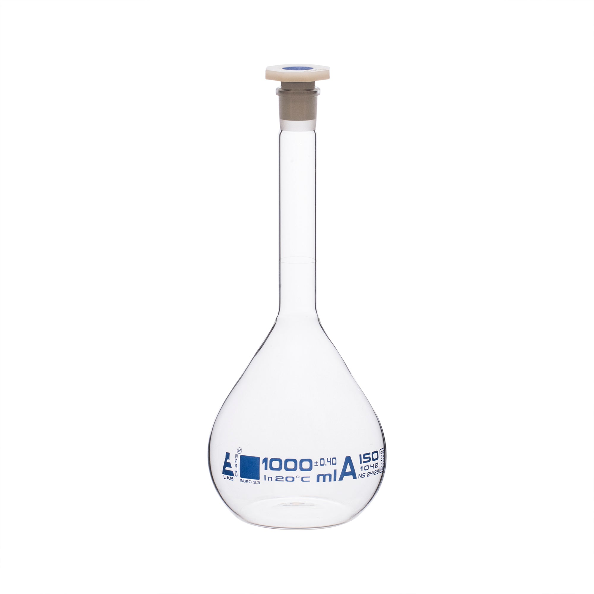 Flask Volumetric class 'A', cap. 1000ml, socket size 24/29, borosilicate glass, Blue Printing - eiscoindustrial