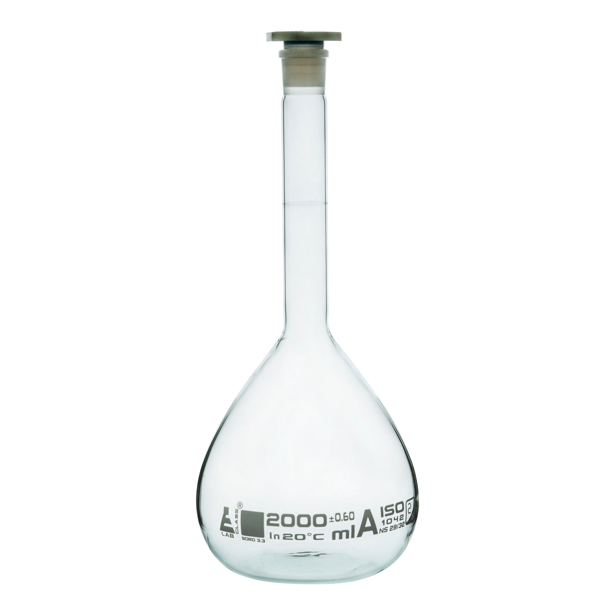 Flask Volumetric class 'A', cap. 2000ml, socket size 29/32, borosilicate glass, White Printing - eiscoindustrial