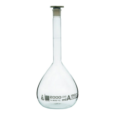 Flask Volumetric class 'A', cap. 2000ml, socket size 29/32, borosilicate glass, White Printing - eiscoindustrial