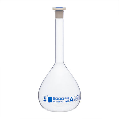 Flask Volumetric class 'A', cap. 2000ml, socket size 29/32, borosilicate glass, Blue Printing - eiscoindustrial