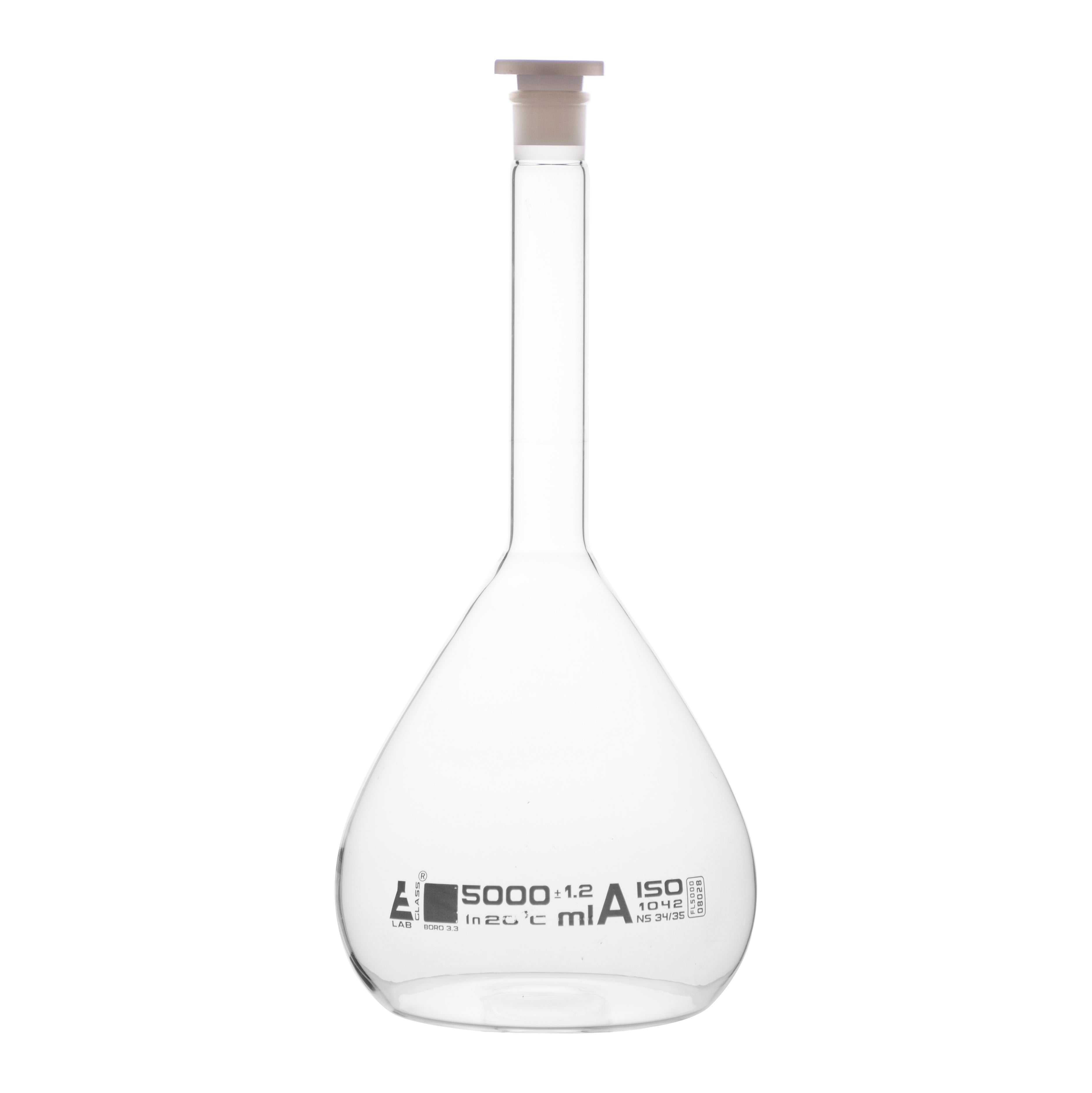 Flask Volumetric class 'A', cap. 5000ml, socket size 34/35, borosilicate glass, White Printing - eiscoindustrial