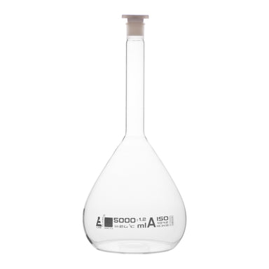 Flask Volumetric class 'A', cap. 5000ml, socket size 34/35, borosilicate glass, White Printing - eiscoindustrial