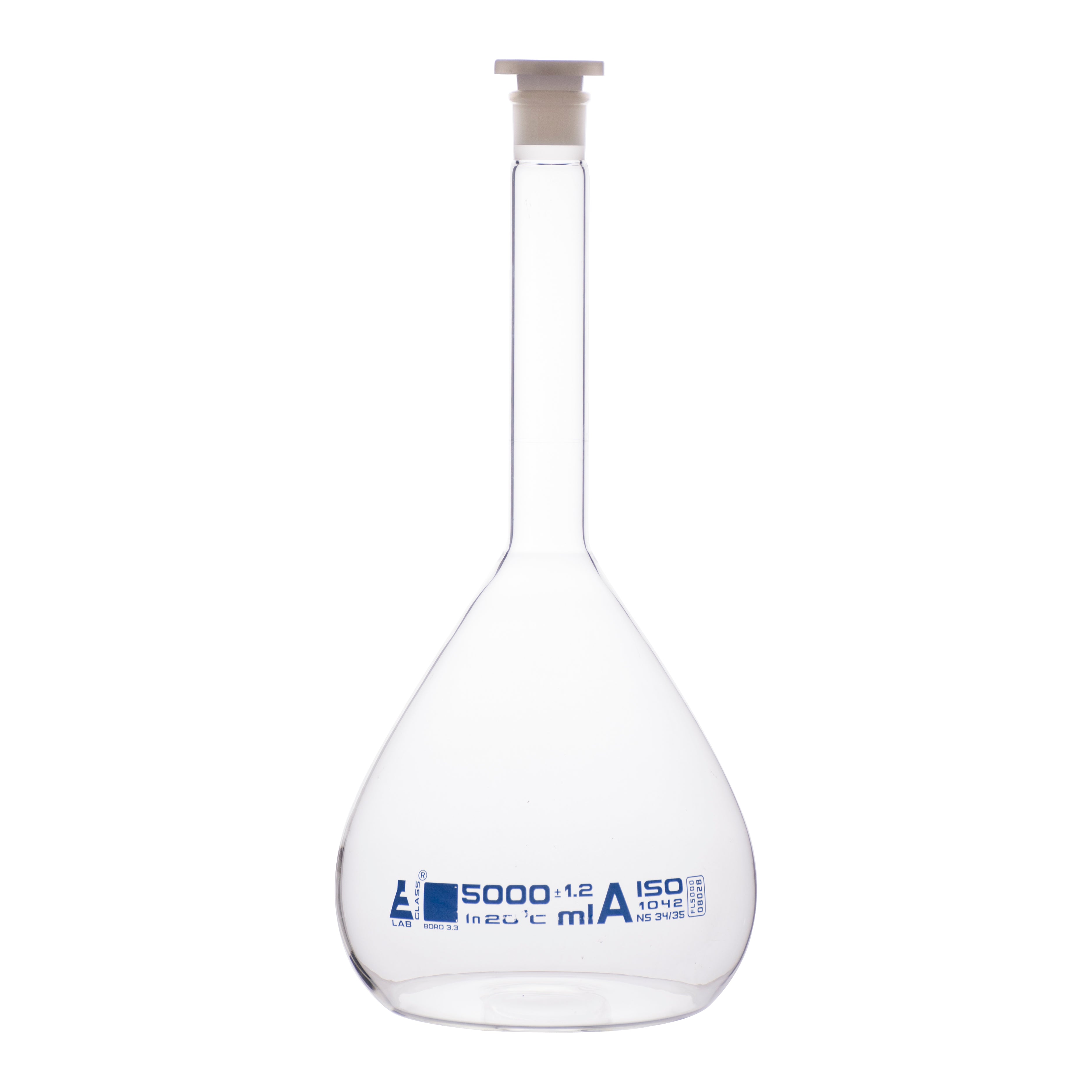 Flask Volumetric class 'A', cap. 5000ml, socket size 34/35, borosilicate glass, Blue Printing - eiscoindustrial