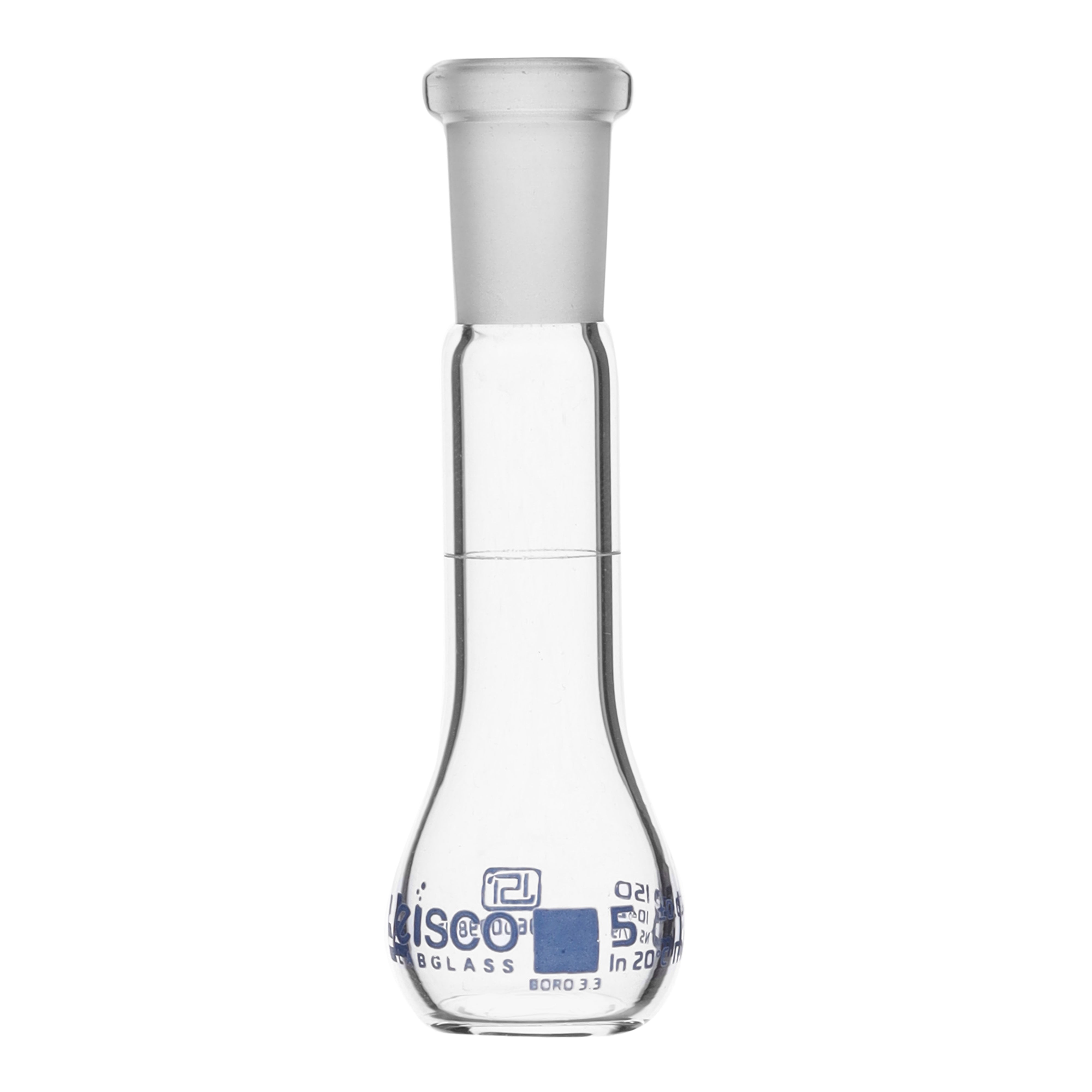 Flask Volumetric class 'B', cap. 5ml, socket size 10/19, borosilicate glass, Blue Printing ISI