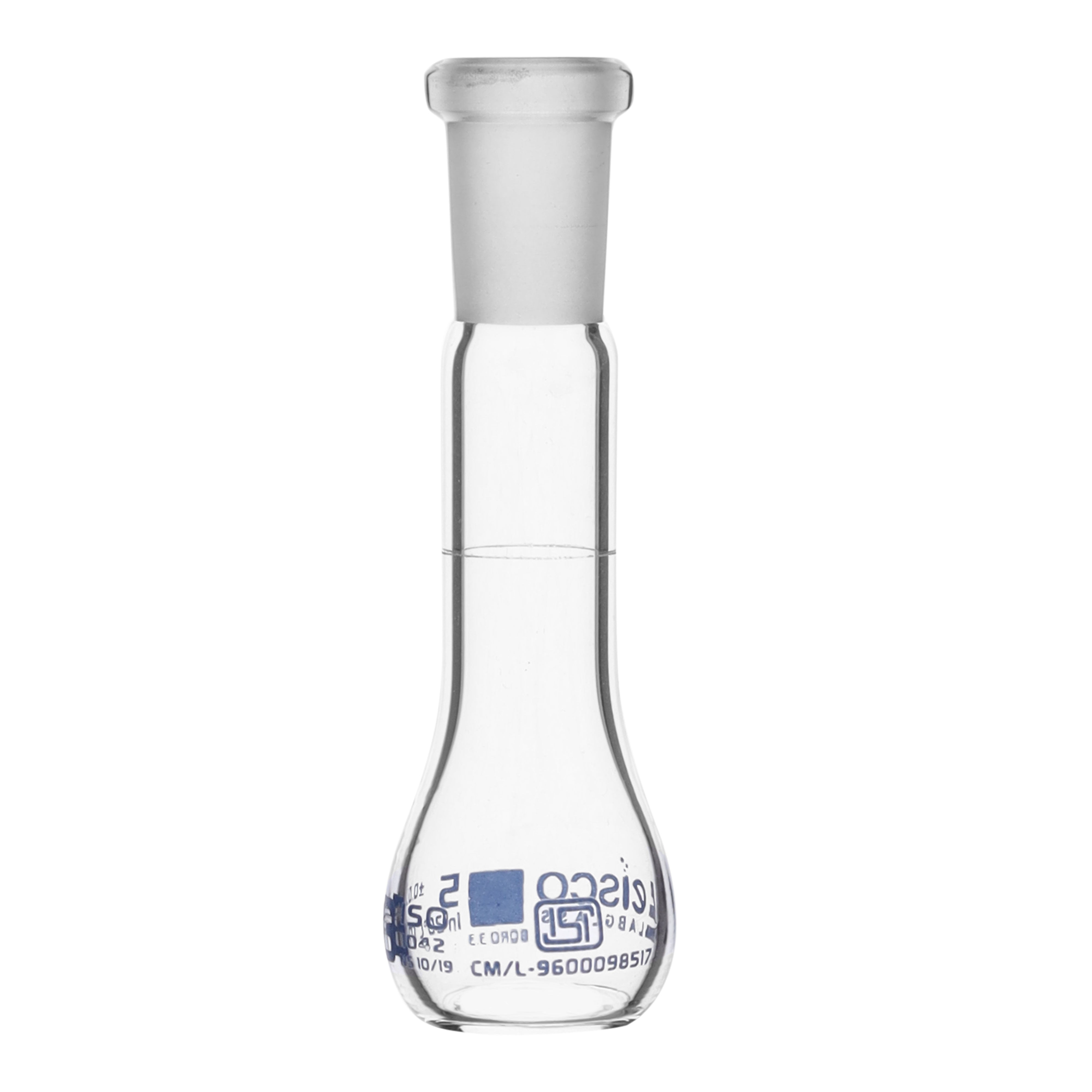 Flask Volumetric class 'B', cap. 5ml, socket size 10/19, borosilicate glass, Blue Printing ISI