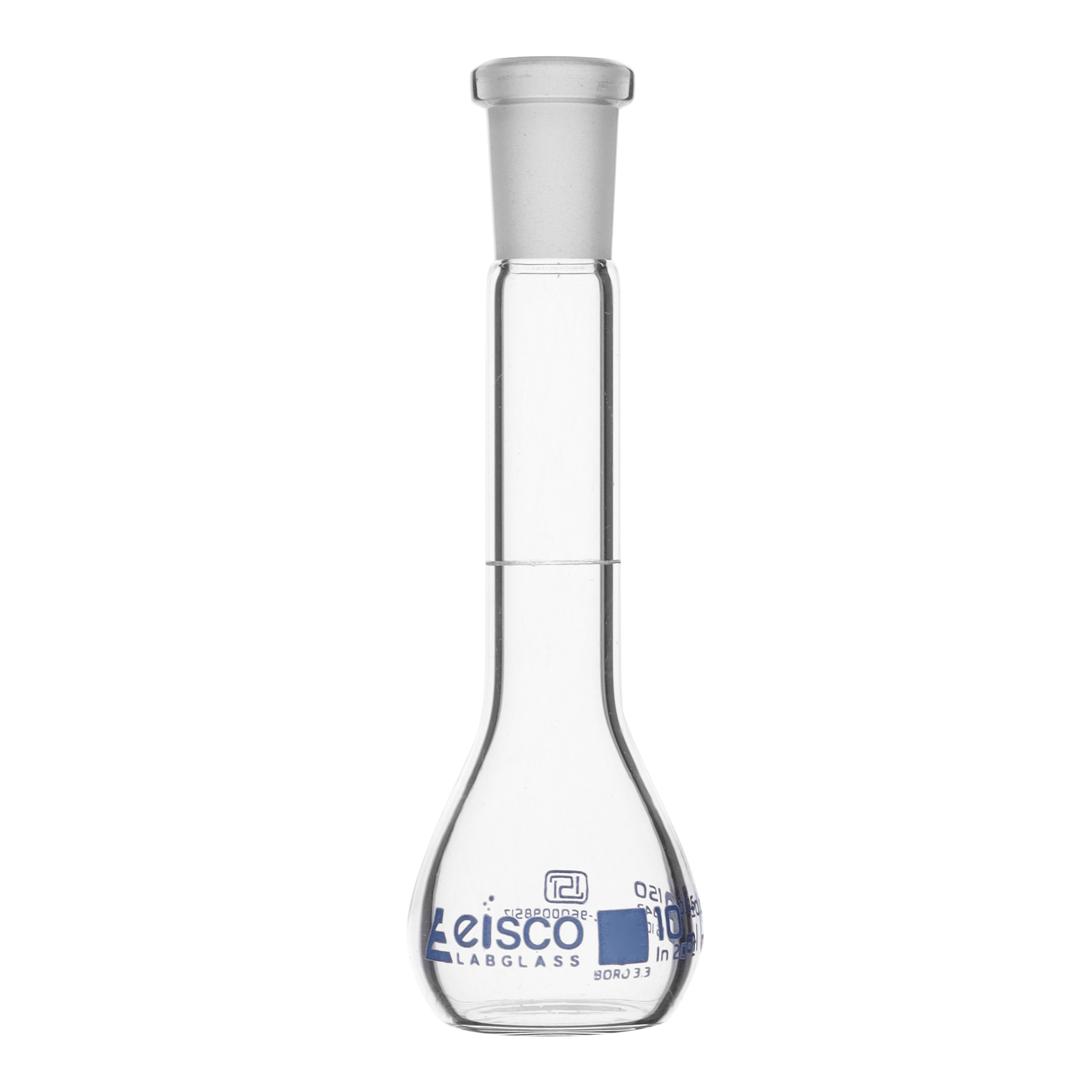 Flask Volumetric class 'B', cap. 10ml, socket size 10/19, borosilicate glass, Blue Printing ISI