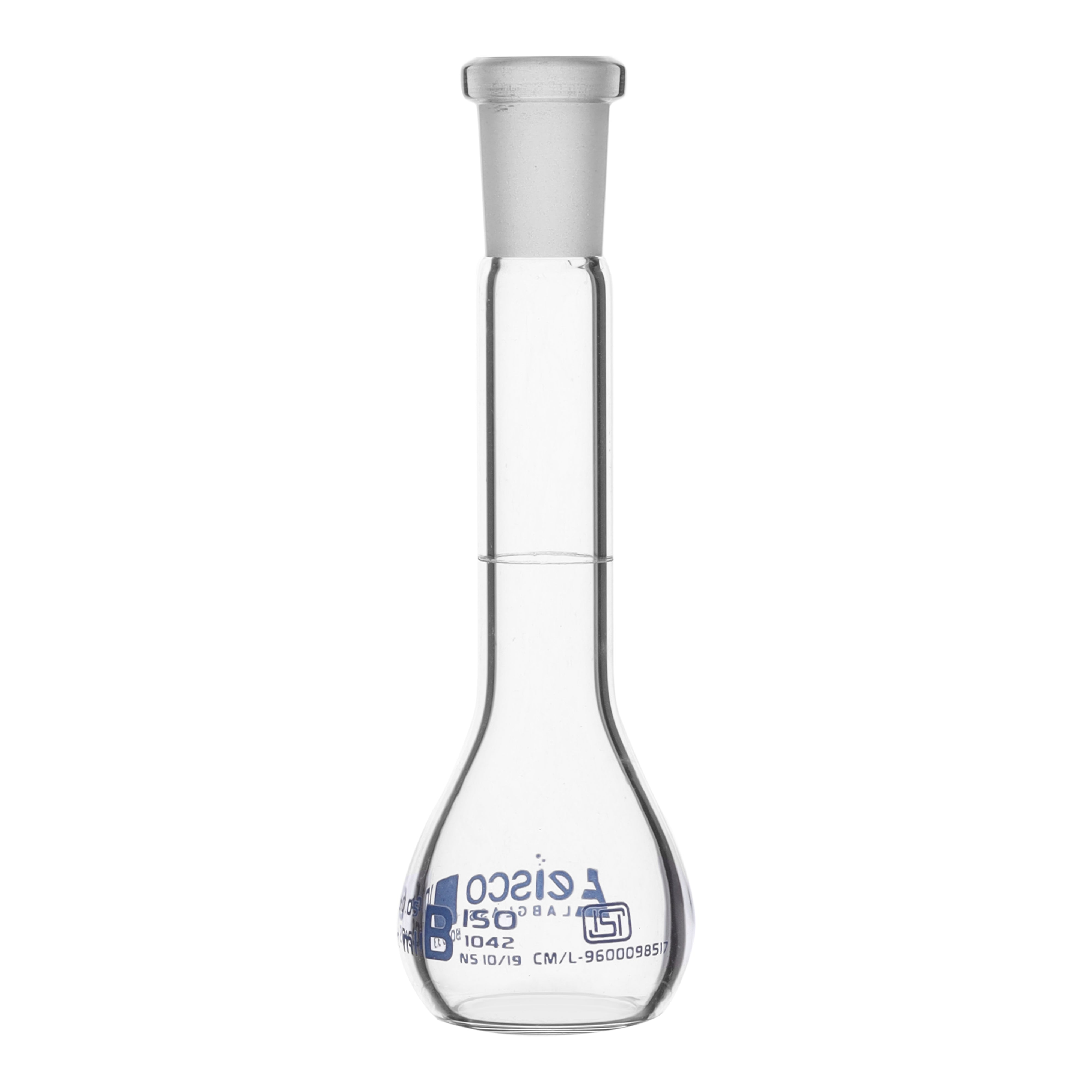 Flask Volumetric class 'B', cap. 10ml, socket size 10/19, borosilicate glass, Blue Printing ISI