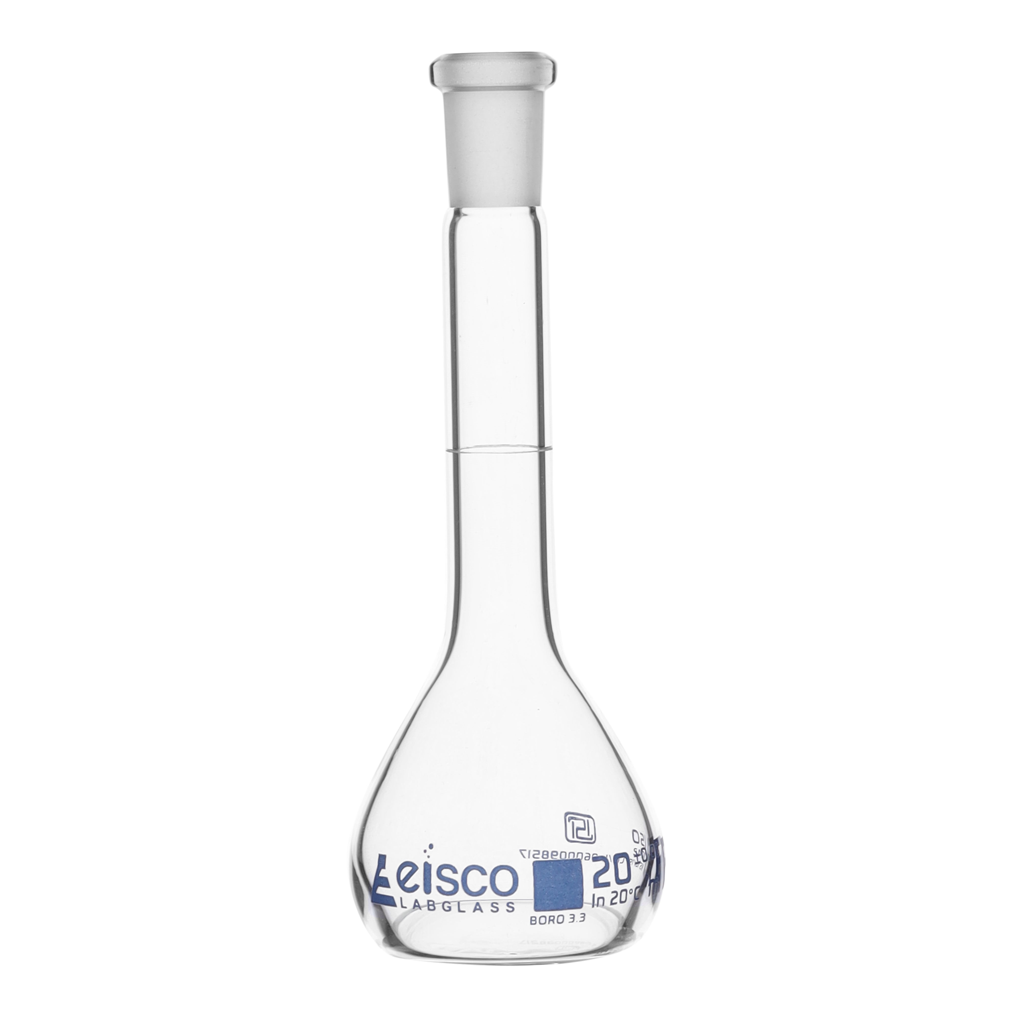 Flask Volumetric class 'B', cap. 20ml, socket size 10/19, borosilicate glass, Blue Printing ISI