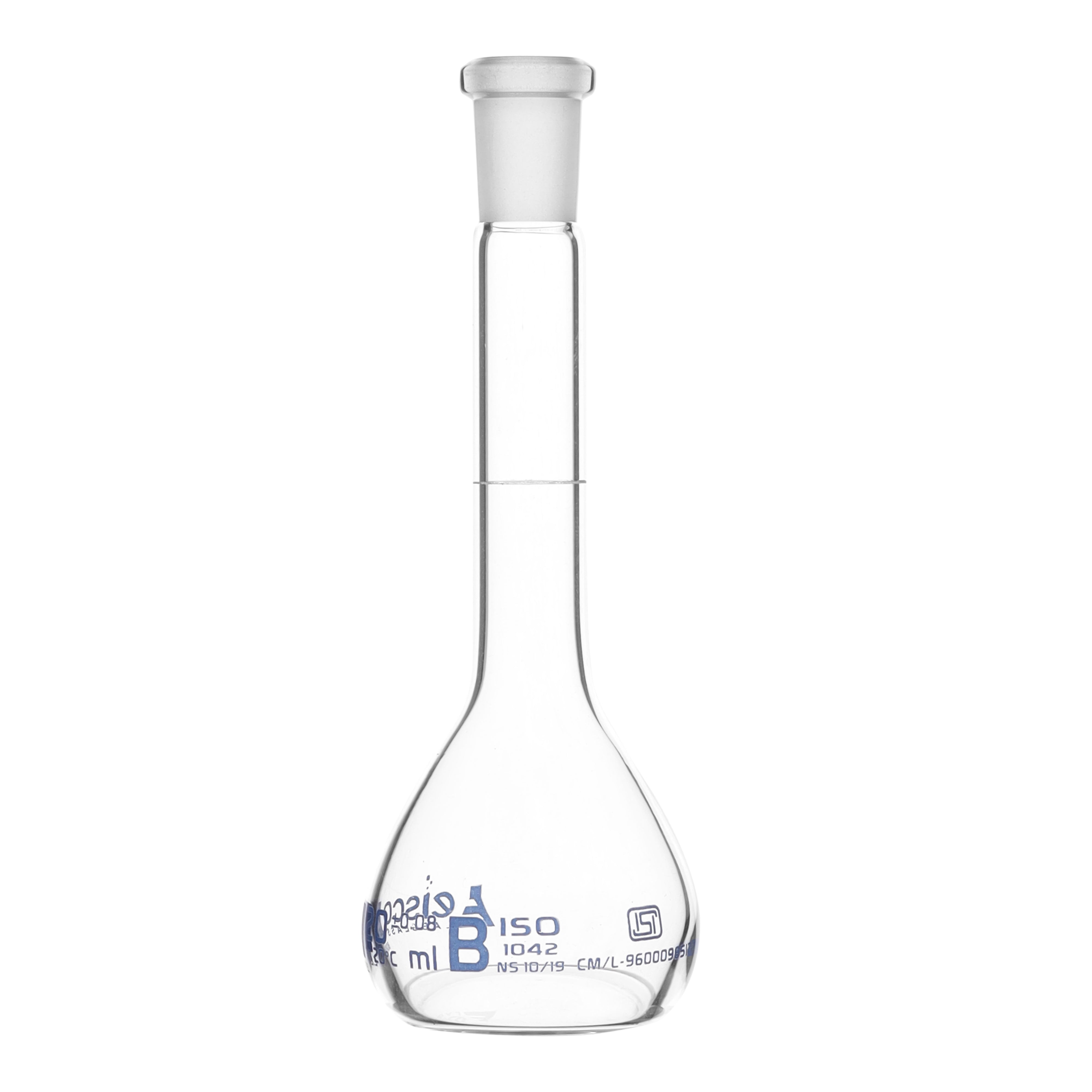 Flask Volumetric class 'B', cap. 20ml, socket size 10/19, borosilicate glass, Blue Printing ISI