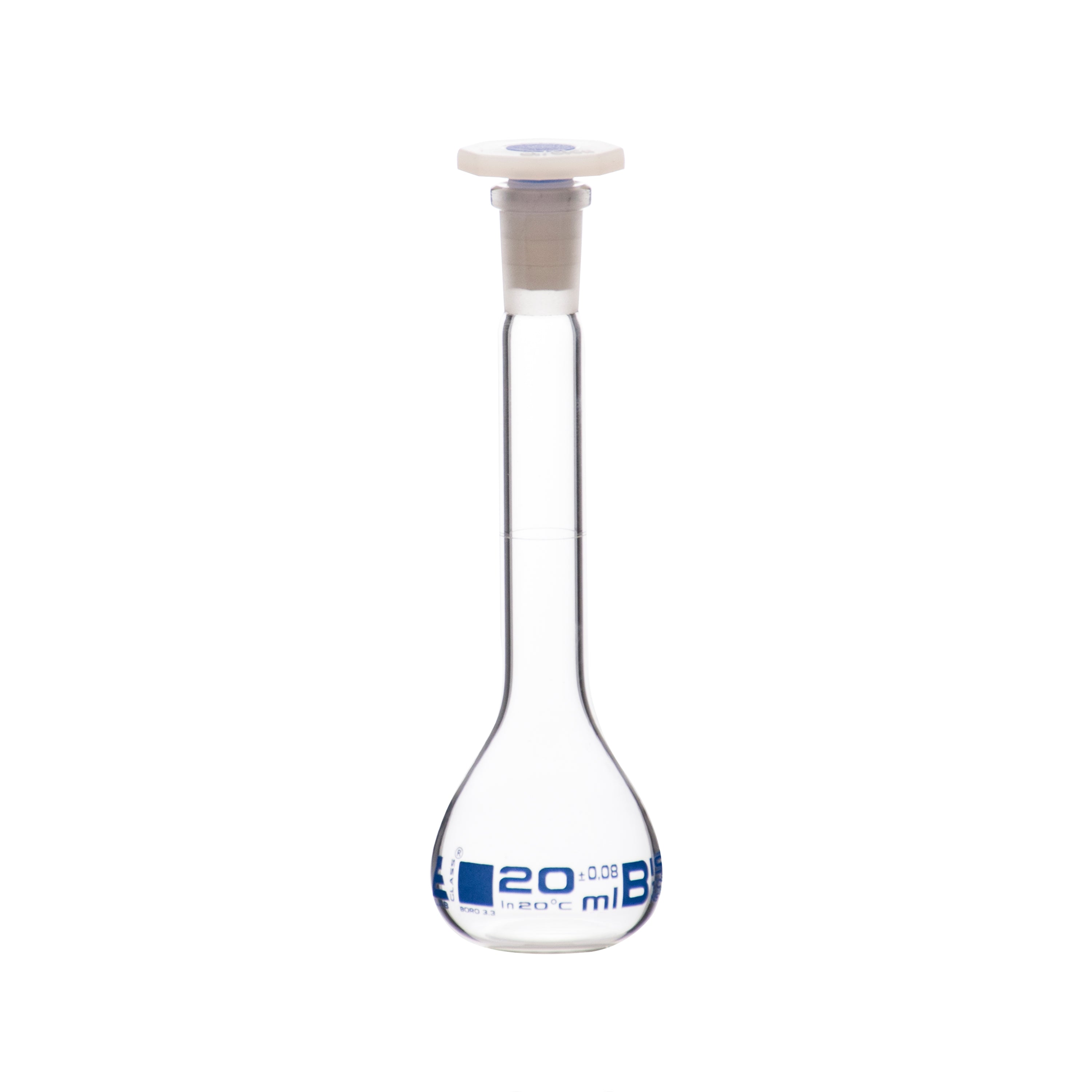 Flask Volumetric class 'B', cap. 20ml, socket size 10/19, borosilicate glass, Blue Printing - eiscoindustrial