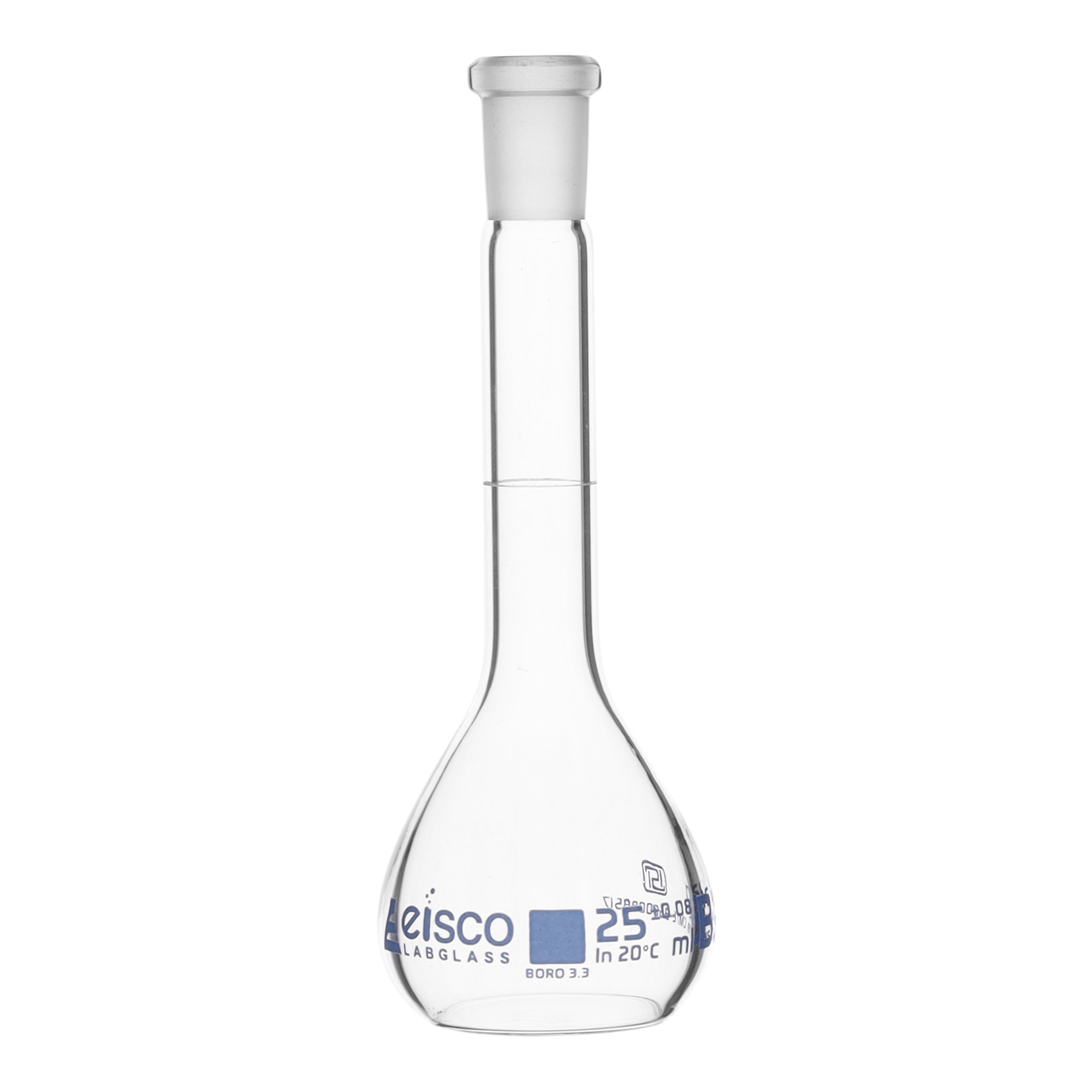 Flask Volumetric class 'B', cap. 25ml, socket size 10/19, borosilicate glass, Blue Printing ISI