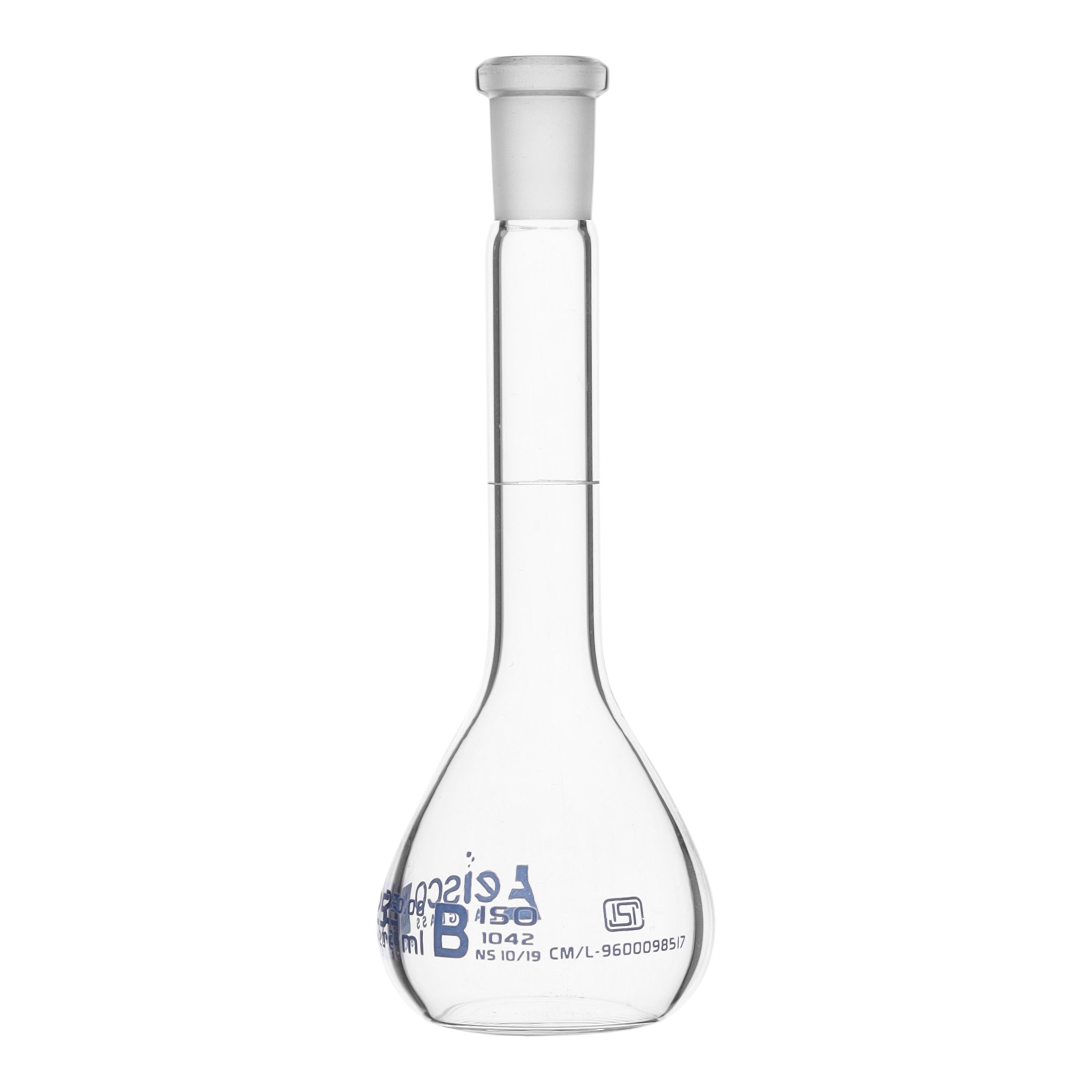 Flask Volumetric class 'B', cap. 25ml, socket size 10/19, borosilicate glass, Blue Printing ISI