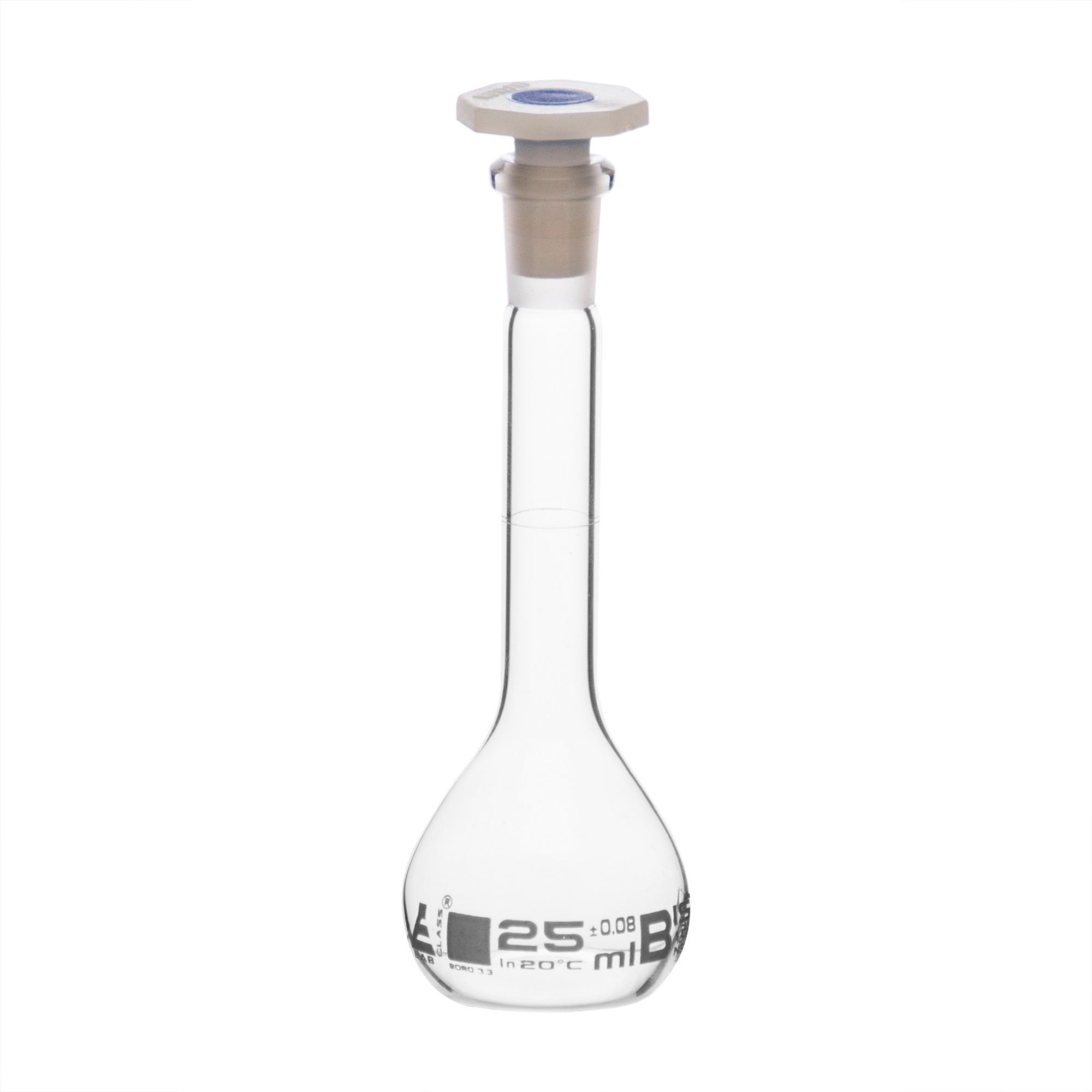 Flask Volumetric class 'B', cap. 25ml, socket size 10/19, borosilicate glass, White Printing - eiscoindustrial