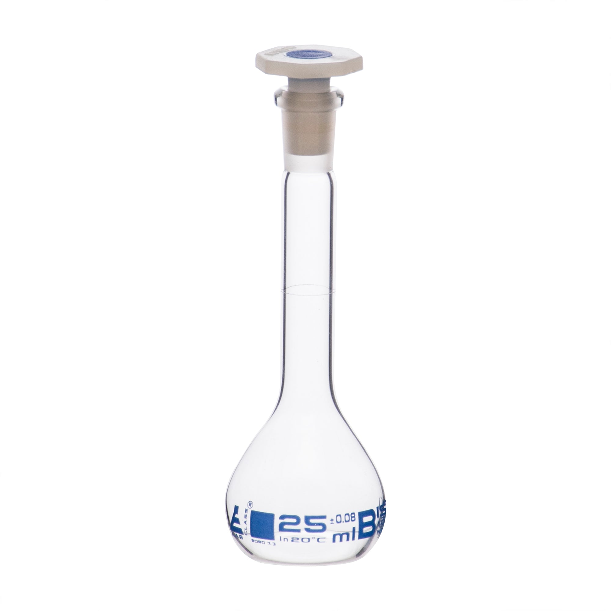 Flask Volumetric class 'B', cap. 25ml, socket size 10/19, borosilicate glass, Blue Printing - eiscoindustrial