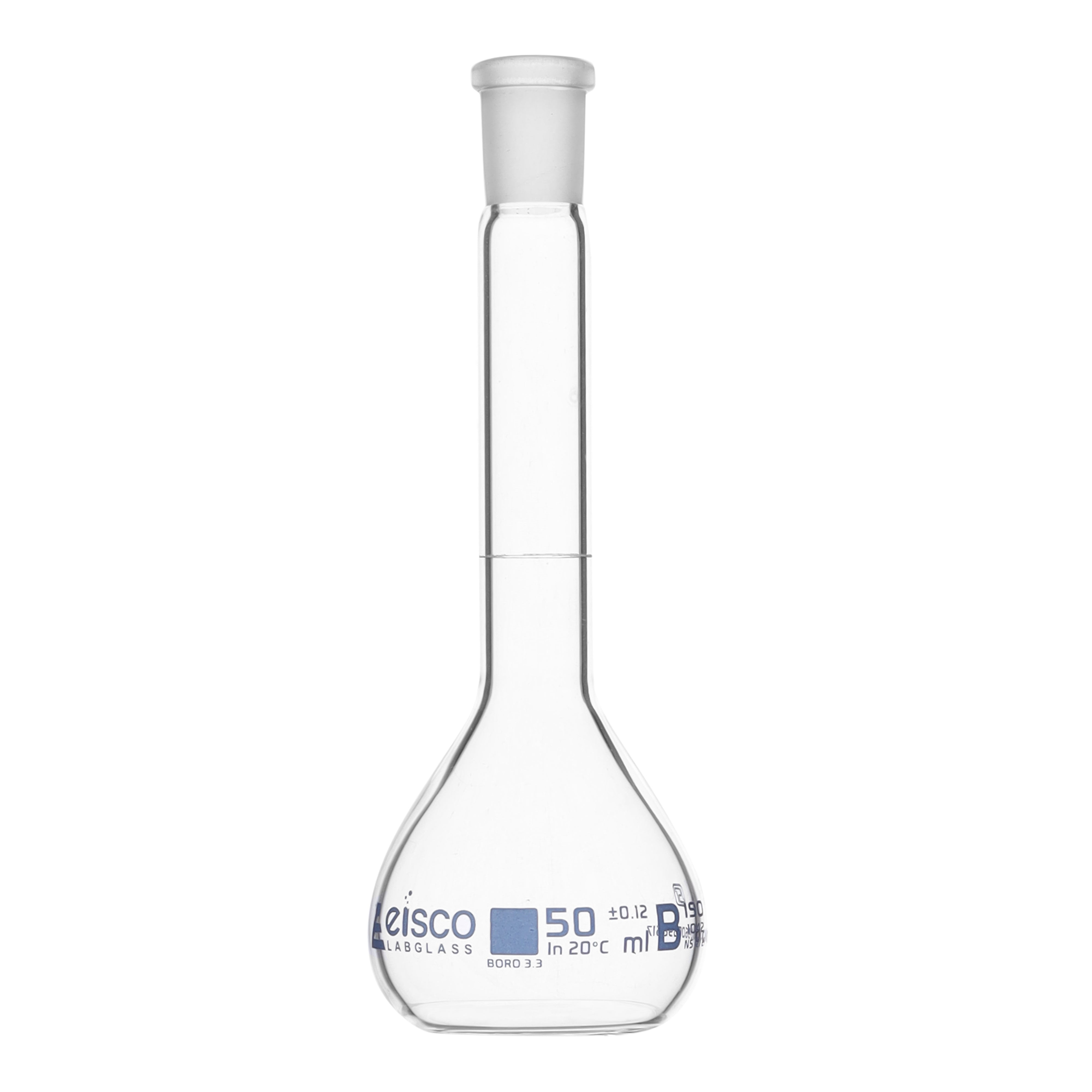 Flask Volumetric class 'B', cap. 50ml, socket size 12/21, borosilicate glass, Blue Printing ISI