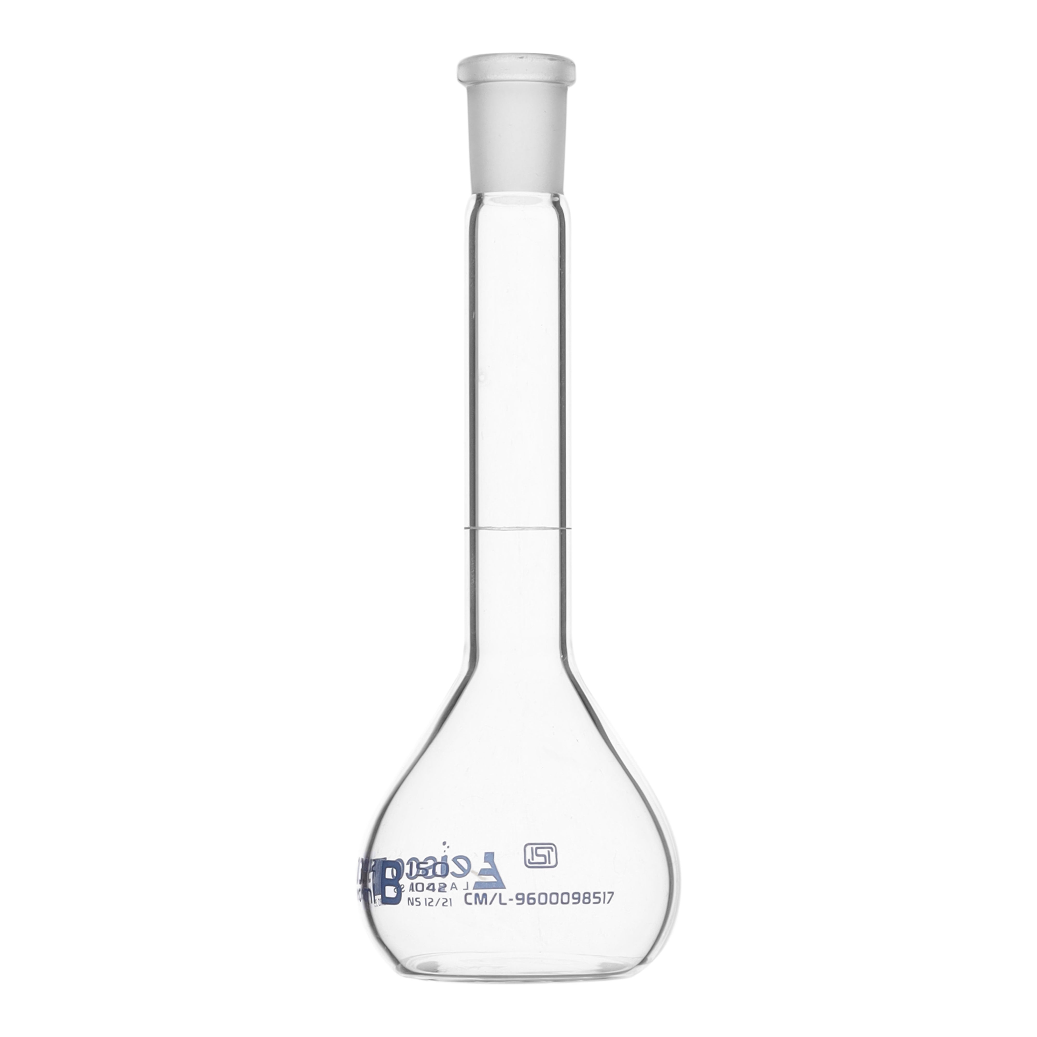 Flask Volumetric class 'B', cap. 50ml, socket size 12/21, borosilicate glass, Blue Printing ISI