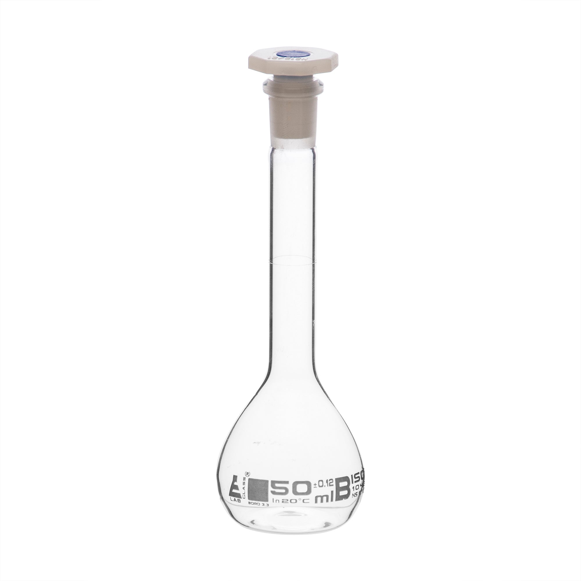 Flask Volumetric class 'B', cap. 50ml, socket size 12/21, borosilicate glass, White Printing - eiscoindustrial