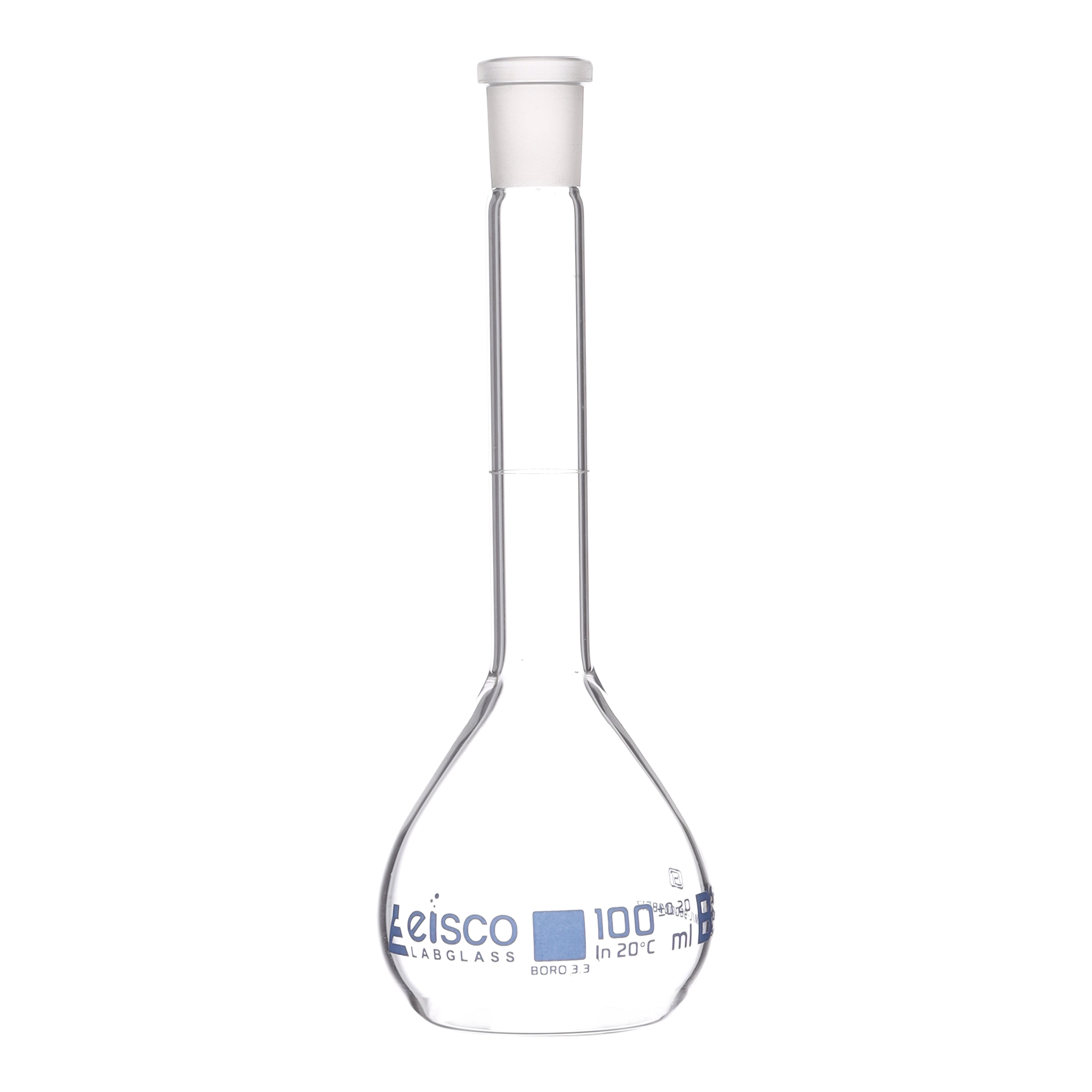 Flask Volumetric class 'B', cap. 100ml, socket size 14/23, borosilicate glass, Blue Printing ISI