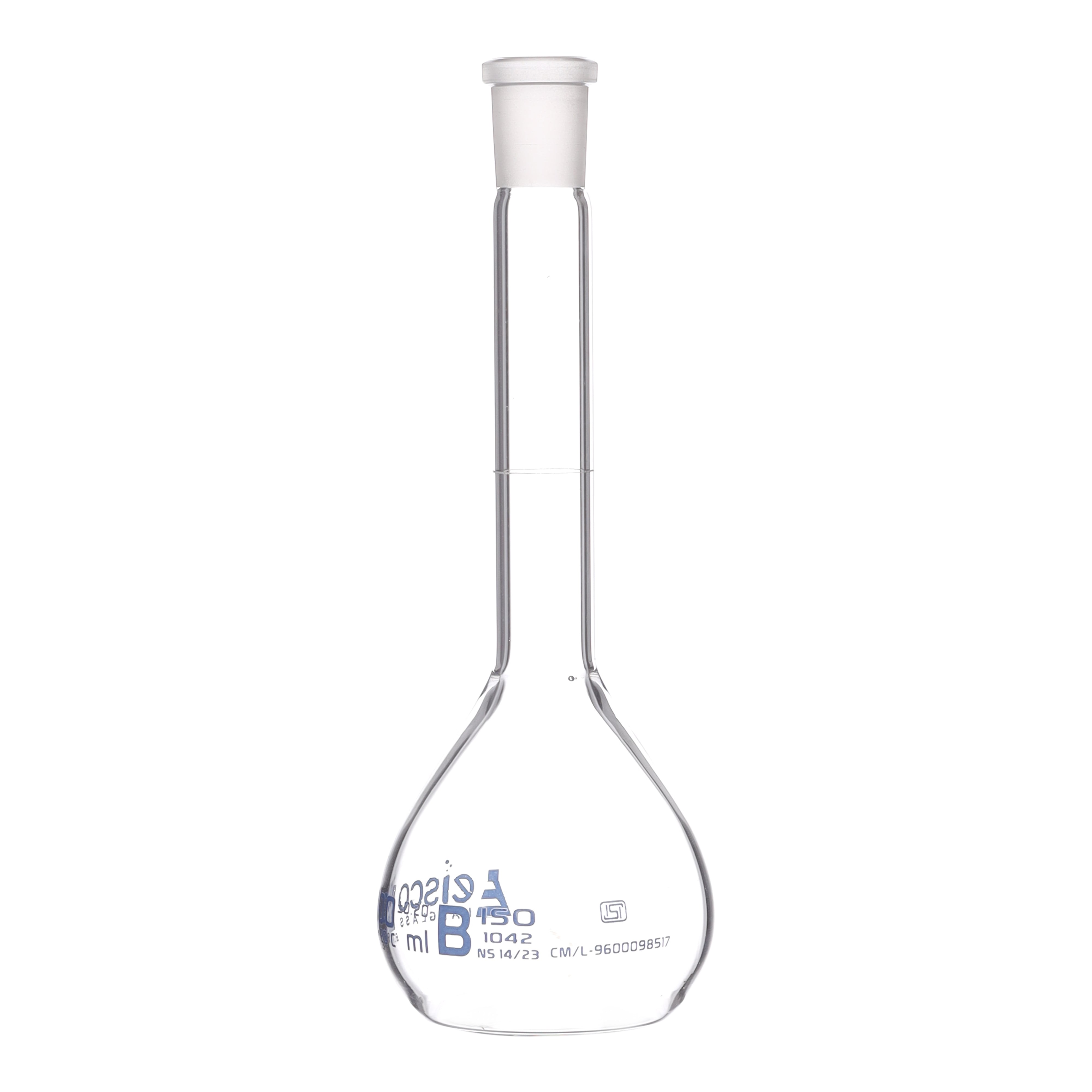 Flask Volumetric class 'B', cap. 100ml, socket size 14/23, borosilicate glass, Blue Printing ISI