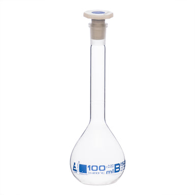 Flask Volumetric class 'B', cap. 100ml, socket size 14/23, borosilicate glass, Blue Printing - eiscoindustrial