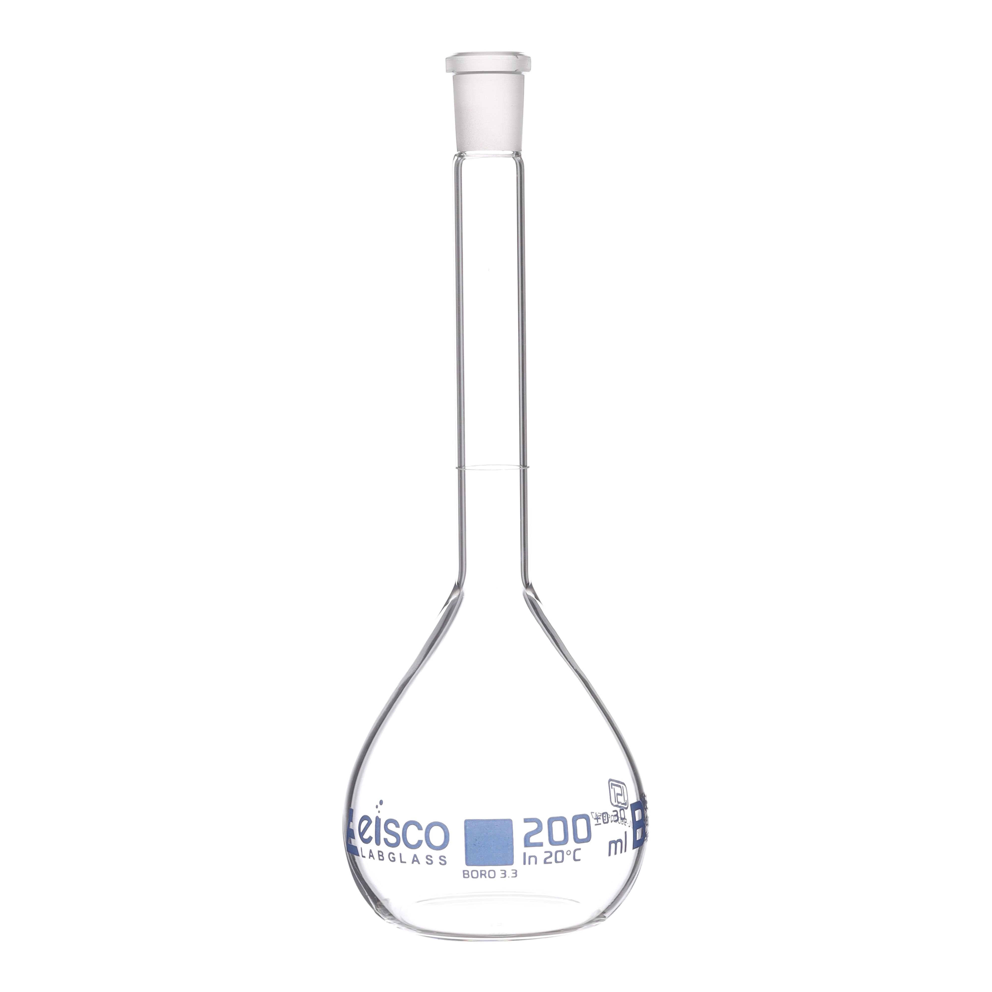 Flask Volumetric class 'B', cap. 200ml, socket size 14/23, borosilicate glass, Blue Printing ISI