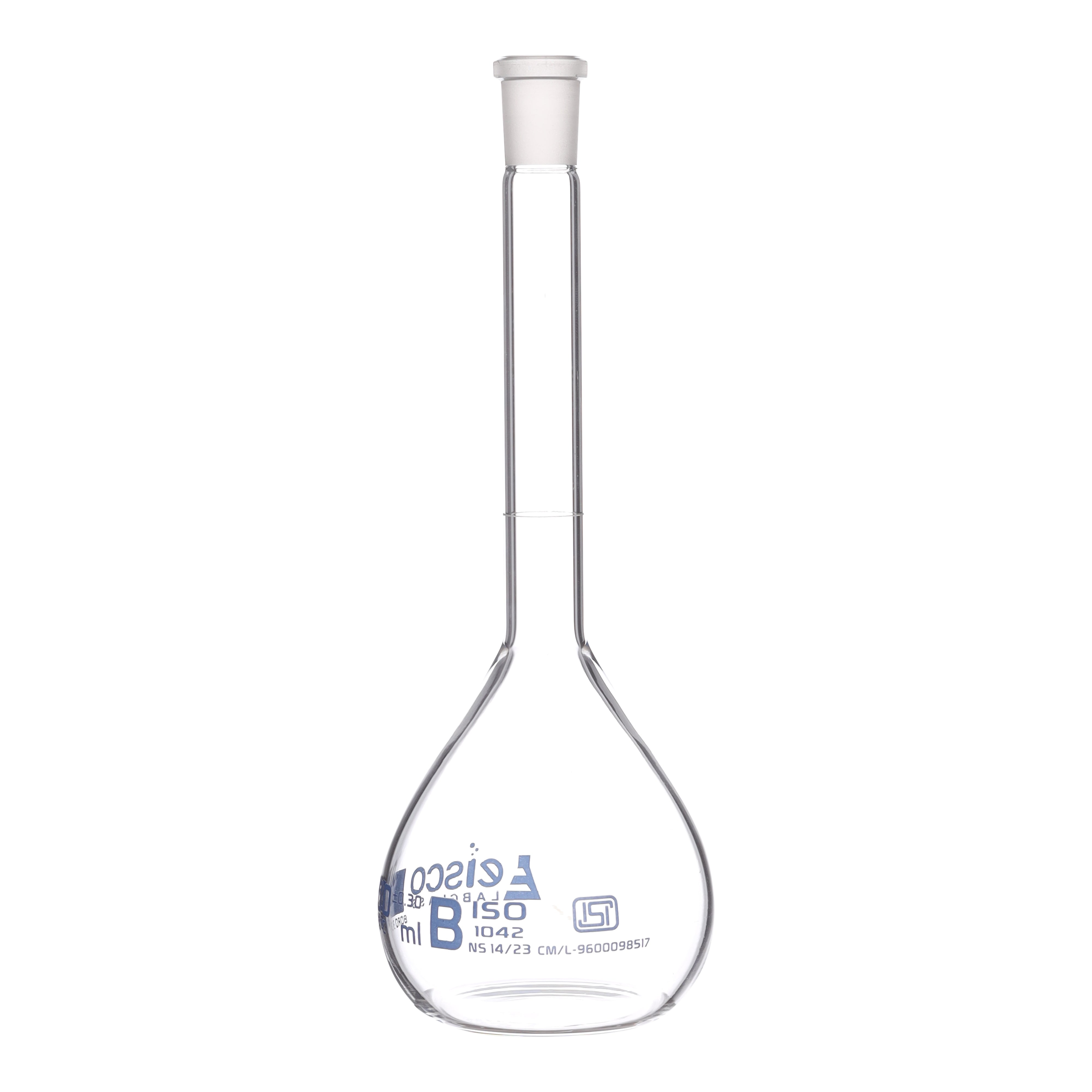 Flask Volumetric class 'B', cap. 200ml, socket size 14/23, borosilicate glass, Blue Printing ISI