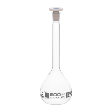 Flask Volumetric class 'B', cap. 200ml, socket size 14/23, borosilicate glass, White Printing - eiscoindustrial