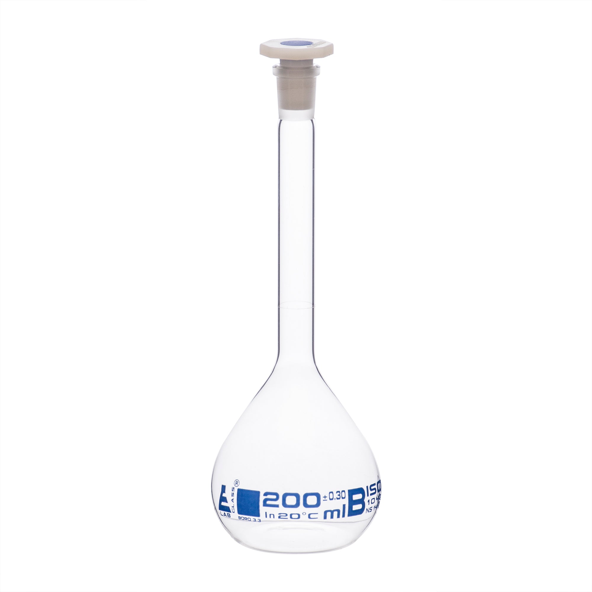 Flask Volumetric class 'B', cap. 200ml, socket size 14/23, borosilicate glass, Blue Printing - eiscoindustrial