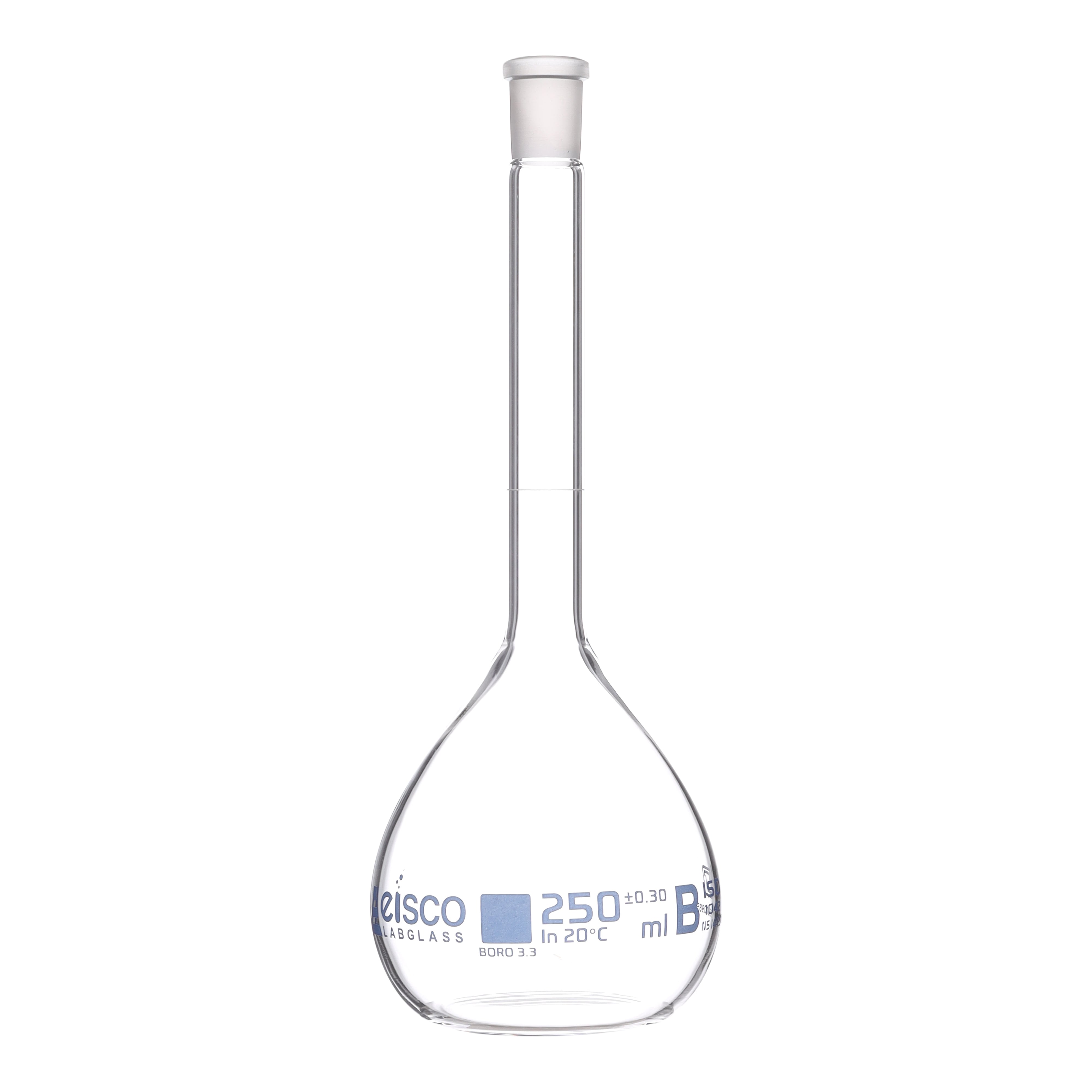 Flask Volumetric class 'B', cap. 250ml, socket size 14/23, borosilicate glass, Blue Printing ISI