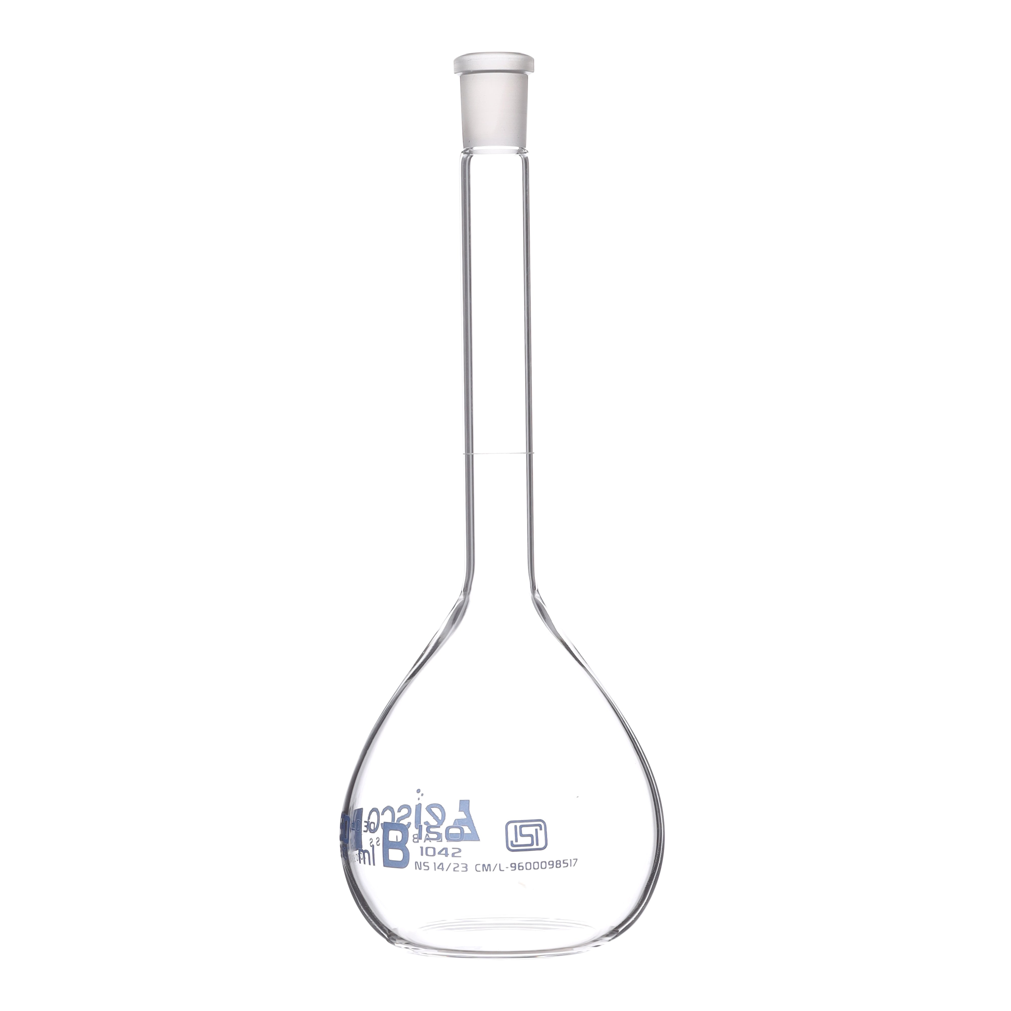 Flask Volumetric class 'B', cap. 250ml, socket size 14/23, borosilicate glass, Blue Printing ISI