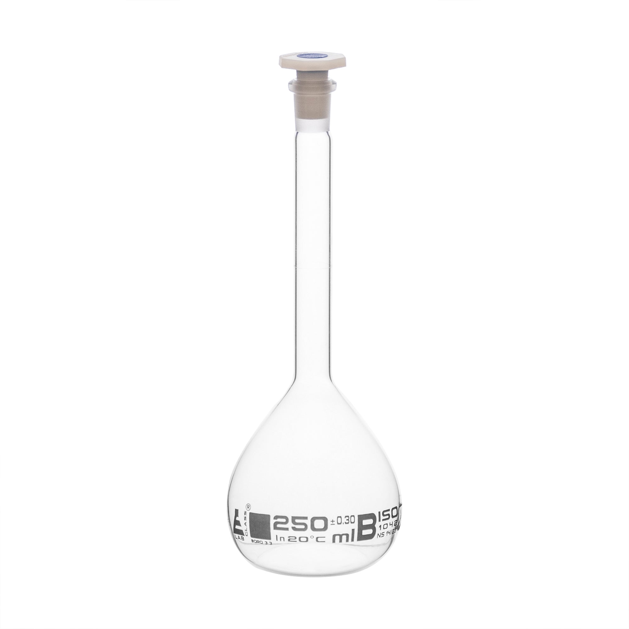 Flask Volumetric class 'B', cap. 250ml, socket size 14/23, borosilicate glass, White Printing - eiscoindustrial