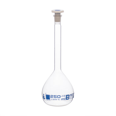 Flask Volumetric class 'B', cap. 250ml, socket size 14/23, borosilicate glass, Blue Printing - eiscoindustrial