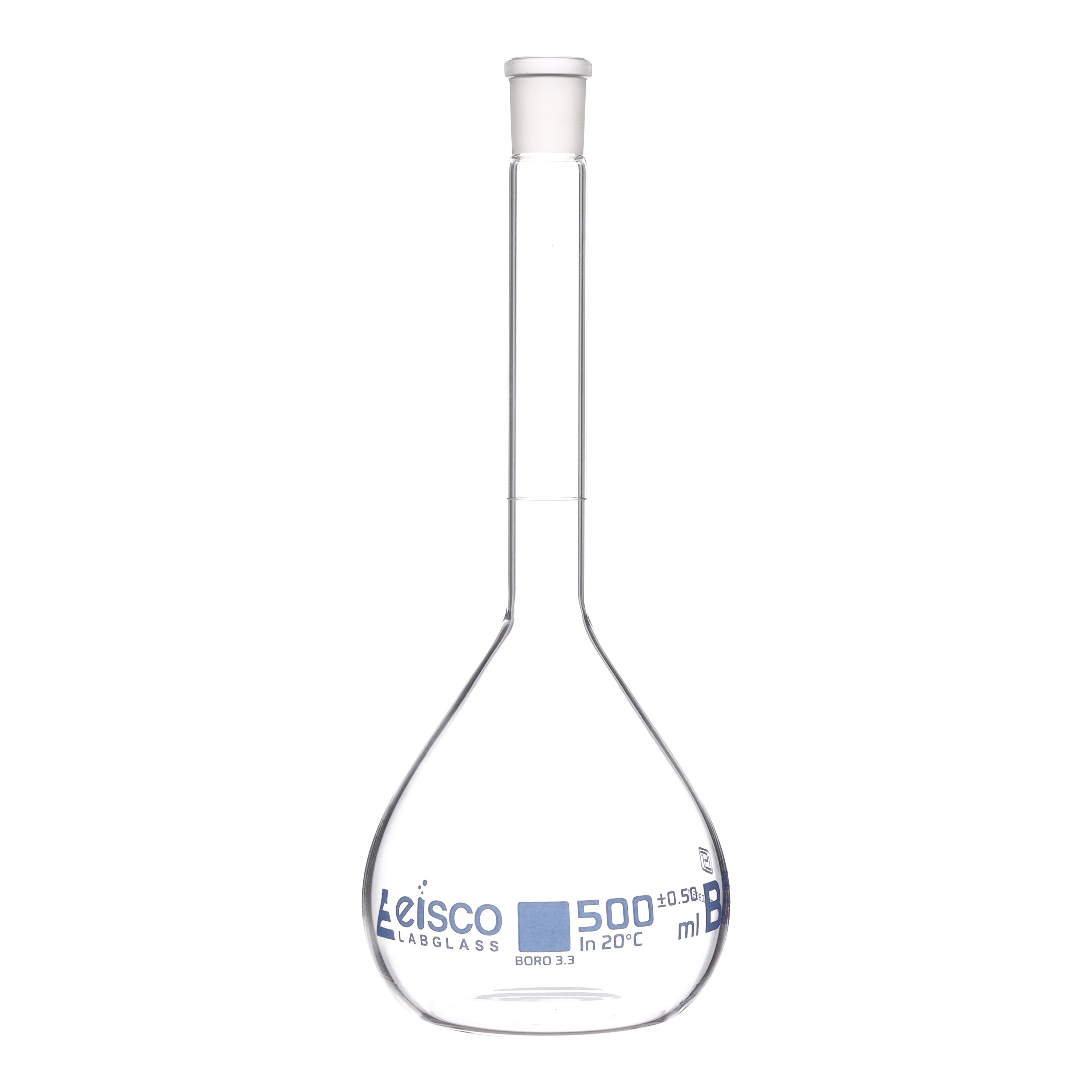 Flask Volumetric class 'B', cap. 500ml, socket size 19/26, borosilicate glass, Blue Printing ISI