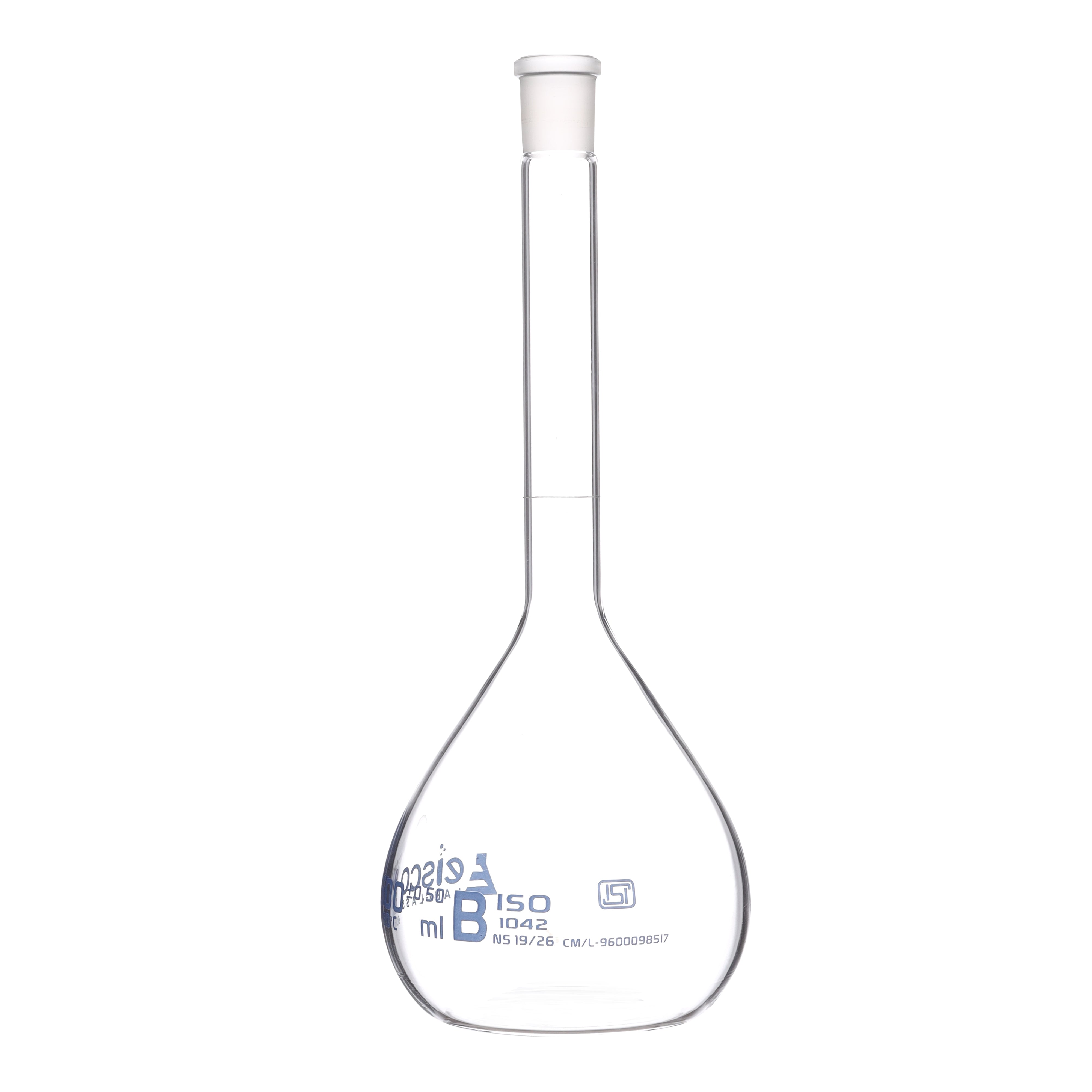 Flask Volumetric class 'B', cap. 500ml, socket size 19/26, borosilicate glass, Blue Printing ISI